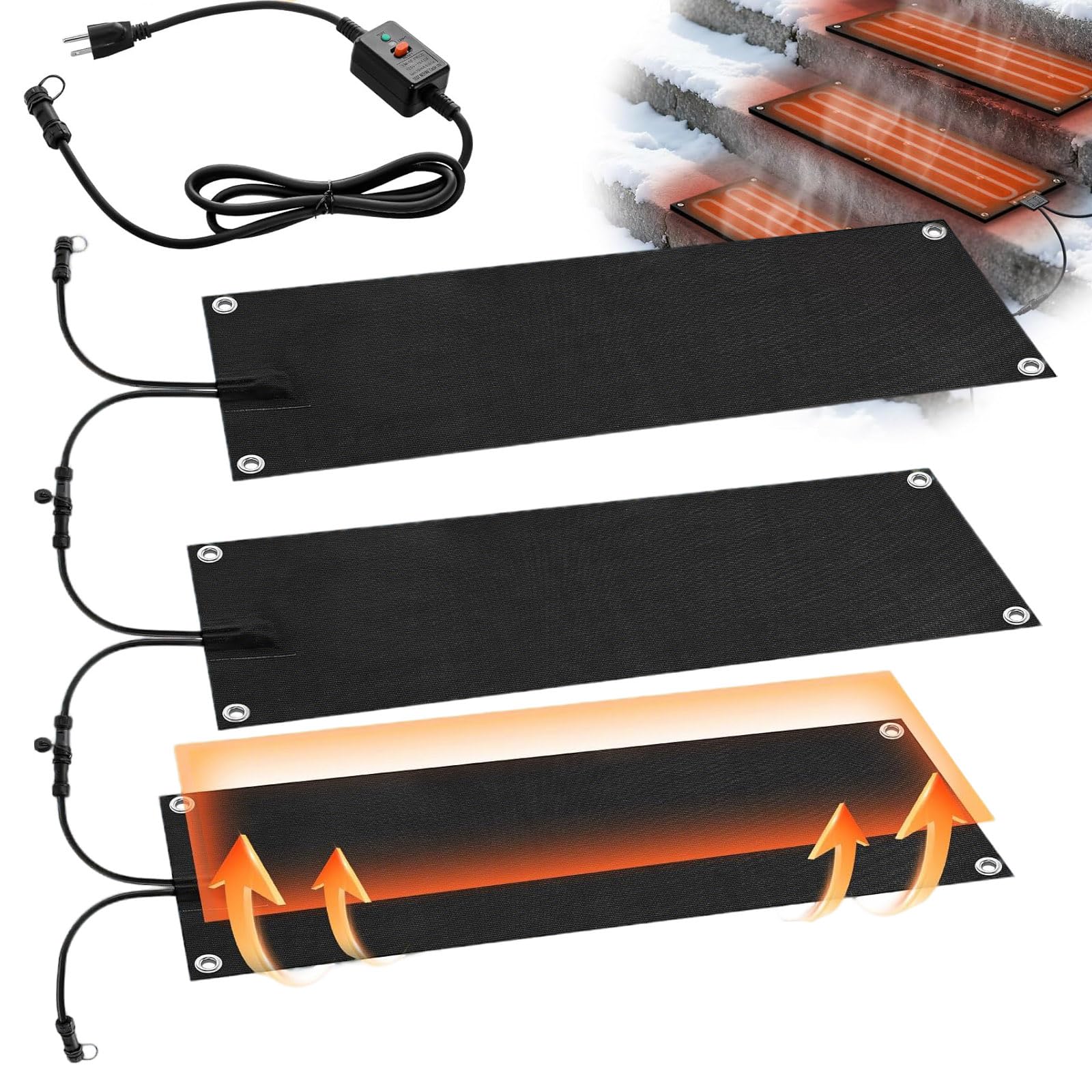 XoTiq Lot de 3 Tapis Chauffants pour Fonte de Neige, Tapis Chauffants extérieurs pour Trottoir de 25,4 x 76,2 cm, Auto-Ajustables, avec Cordon d'alimentation, adaptés aux escaliers extérieurs d'hiver