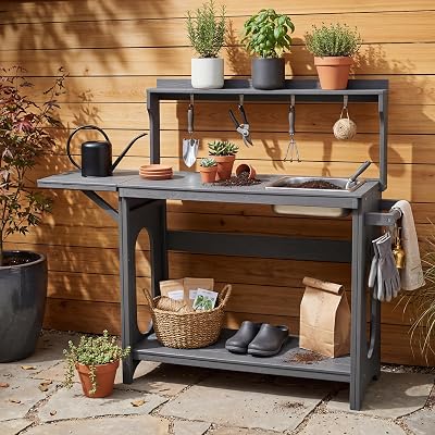 Potting Bench Outdoor with Foldable Extension & Removable Sink, HIPS Potting Table with Storage Shelves & Tool Hooks, All-Weather Garden Work Bench for Patio Backyard Deck, Potting Benches, Gray