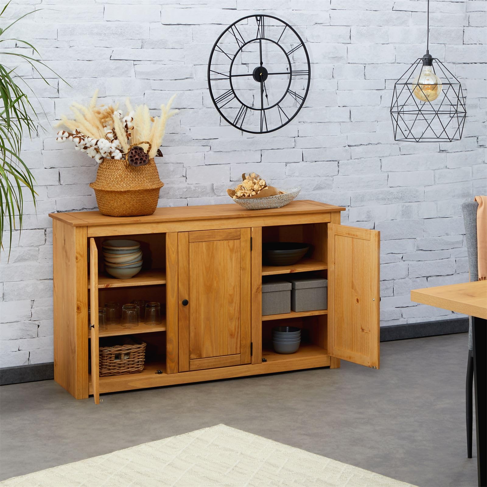 IDIMEX Sideboard CANCUN mit drei Türen - Massivholz Kiefer, Gebeizt/Gewachst, Vielseitig für Wohnzimmer, Flur