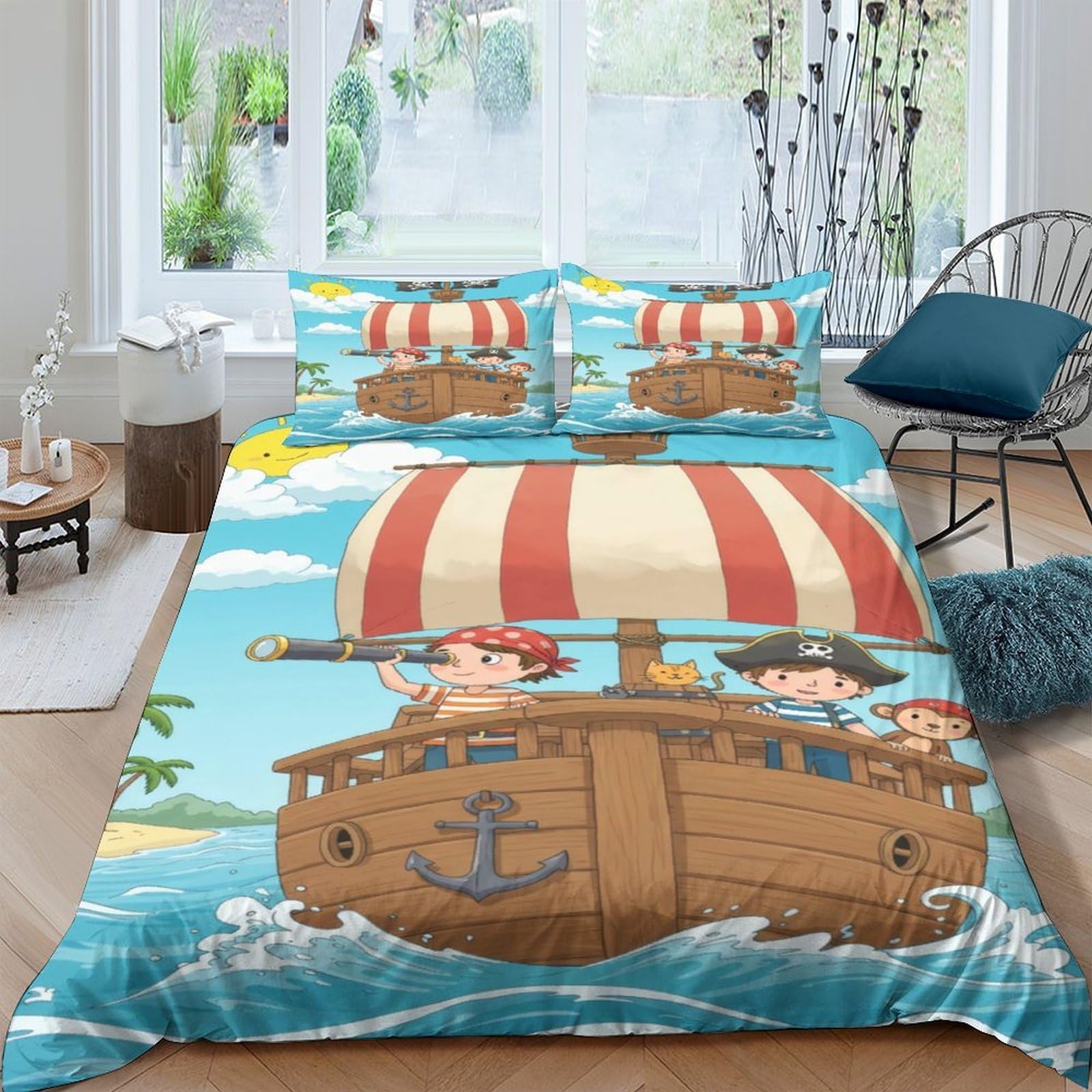 XFKLYNVCJ 3D Printed Pirate ship kids Duvet Cover Soft Fabric Cartoon adventure scene Bedding Cover Hypoallergenic Wrinkle Resistant Breathable Machine Washable for Home Use Single（135x200cm）