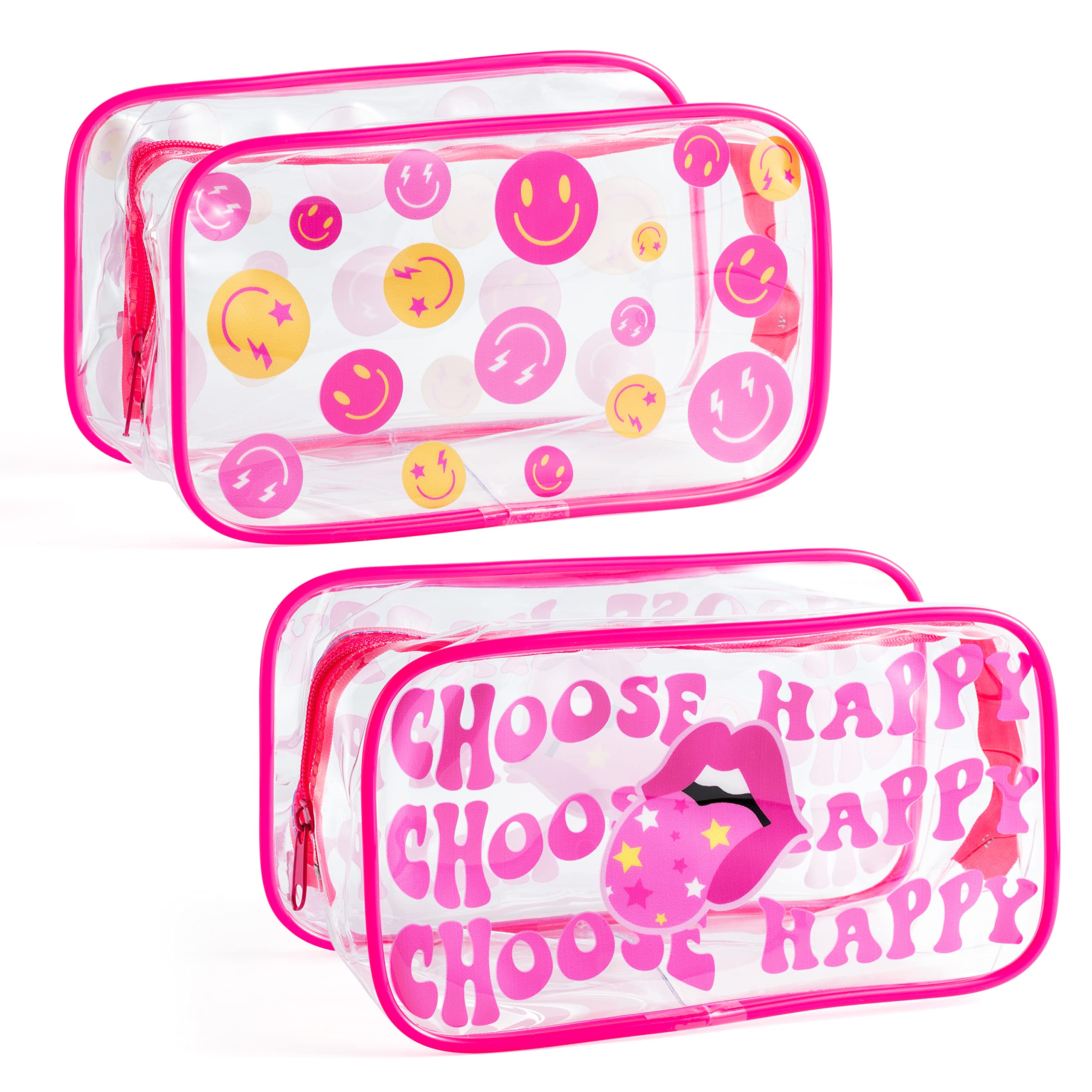 2pcs Pink Preppy Clear Pvc Cosmetic Bag Pink Yellow Smile