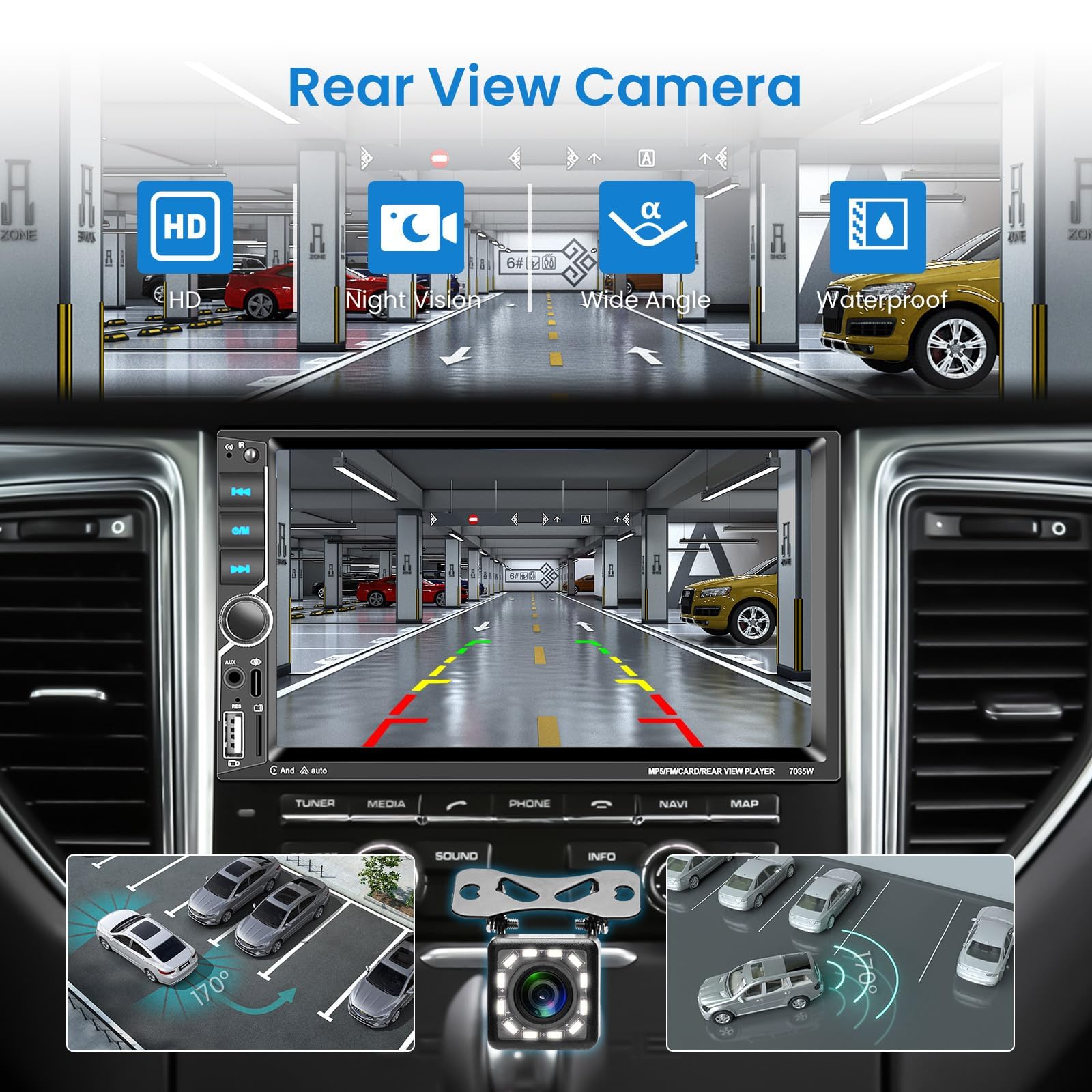 VECHTEL Autoradio 2 Din avec Carplay Android Auto sans Fil, 7 Pouces Écran Tactile Stéréo Voiture Bluetooth, Radio FM, Type-C/USB/TF/AUX, Mirror Link, Caméra de Recul, Télécommande