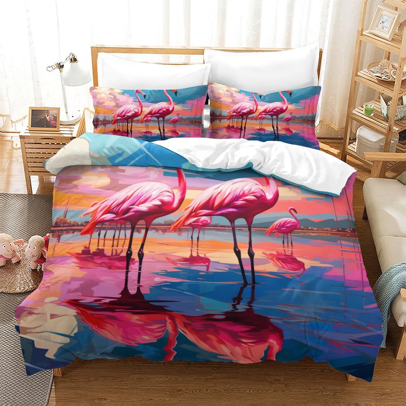 Housse de couette flamant rose 3D hypoallergénique pour lit king size d'adolescent