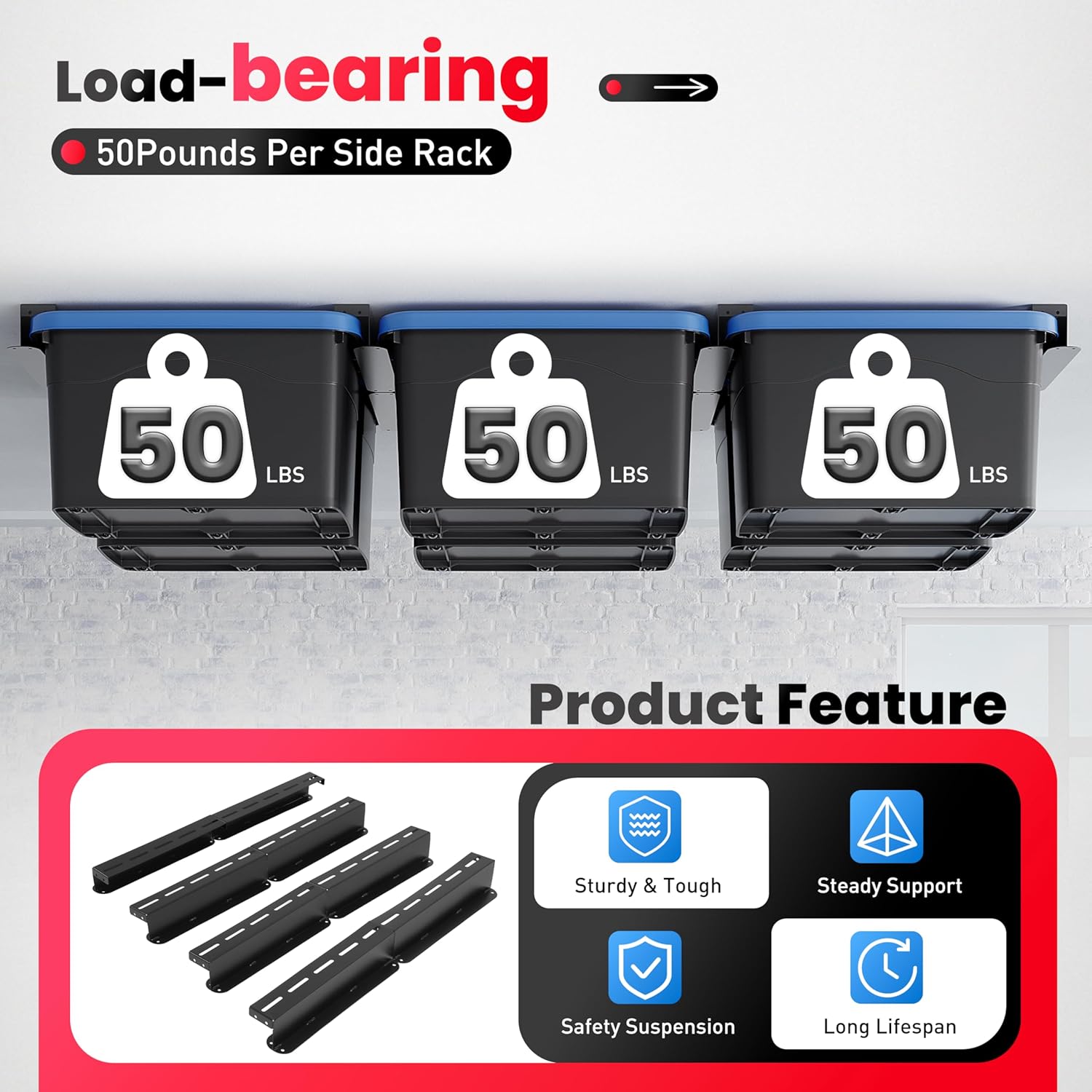 8pcs Heavy Duty Overhead Garage Storage Rack, Connectable Double Rail Steel Ceiling Rails for Bin Organization System, Holds Up to 6 Bins, 4 Sets Black