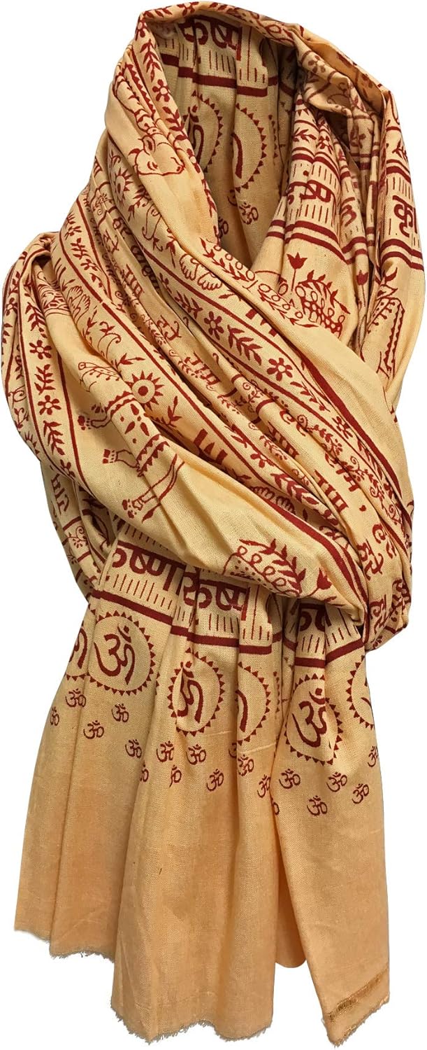 Cotton Bohemian Beige & Red Sanskrit Text Block Print Meditation Long Large Scarf Shawl Wrap JK449