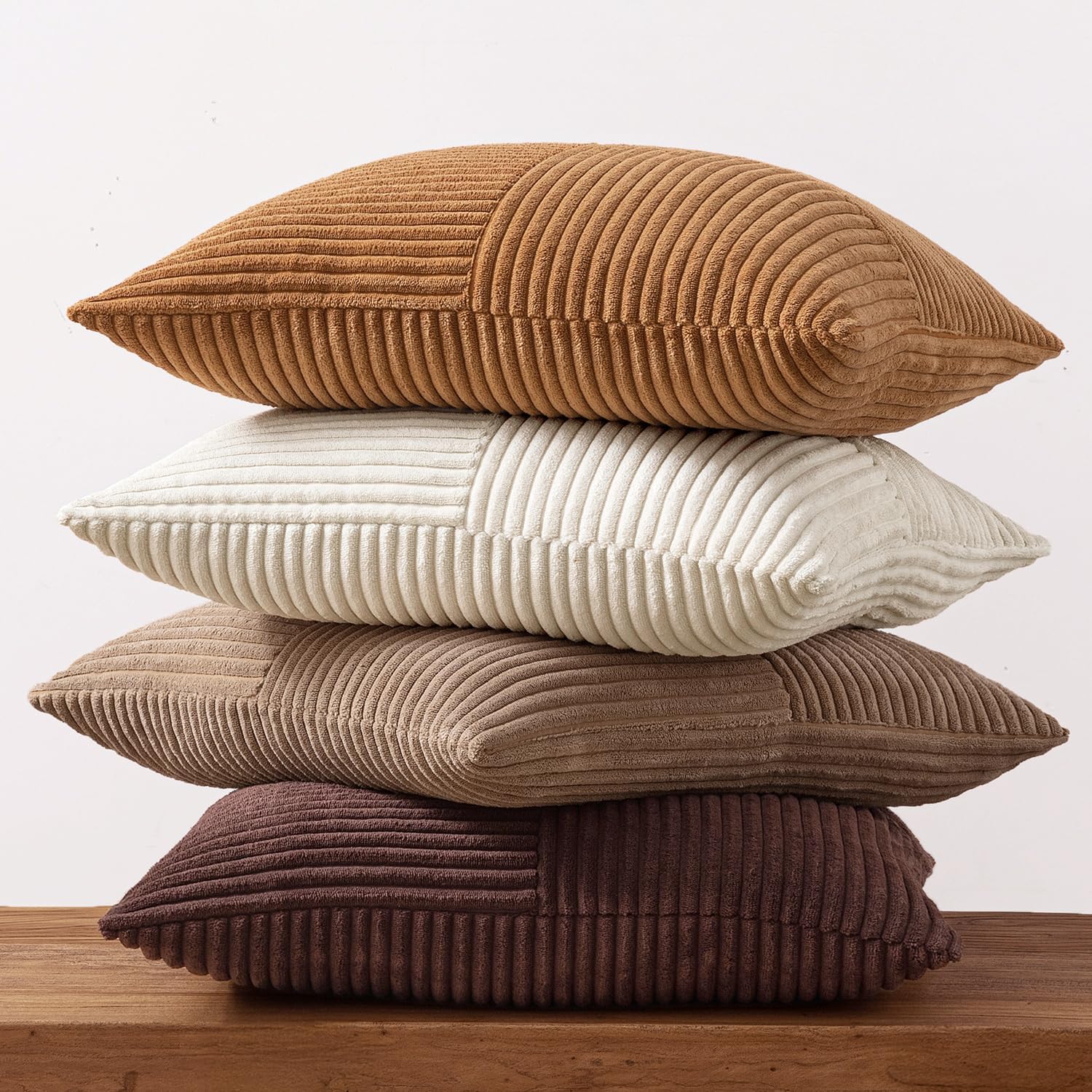MIULEE Brown Throw Pillow Covers 18x18 Inch Set of 4 Boho Farmhouse Cushion Cases Neutral Gradient Corduroy Pillow Cases with Invisible Zipper Patchwork Home Decor for Couch Sofa Bed