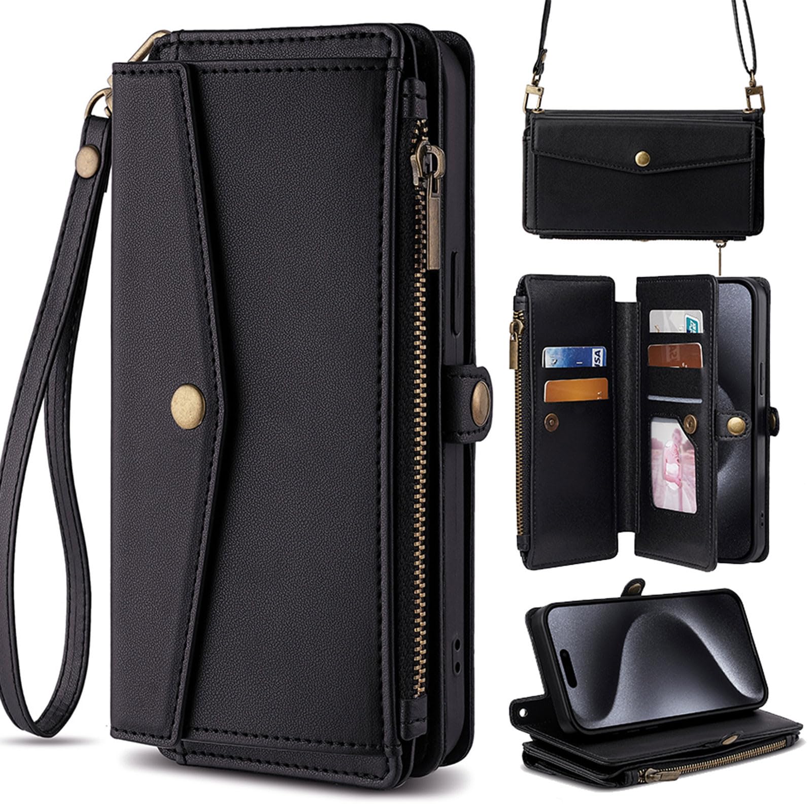 Generic Compatible con Samsung Galaxy A25 5G (color negro) elegante funda tipo cartera de piel con correa para el hombro