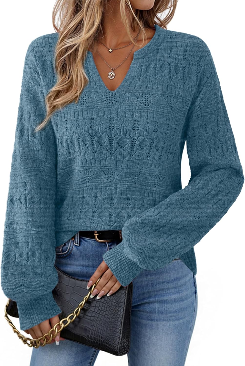 Furnex Womens Sweater 2025 V Neck Pullover Lightweight Stretchy Knit Top Lantern Sleeve Cute Fall Outfit Clothes