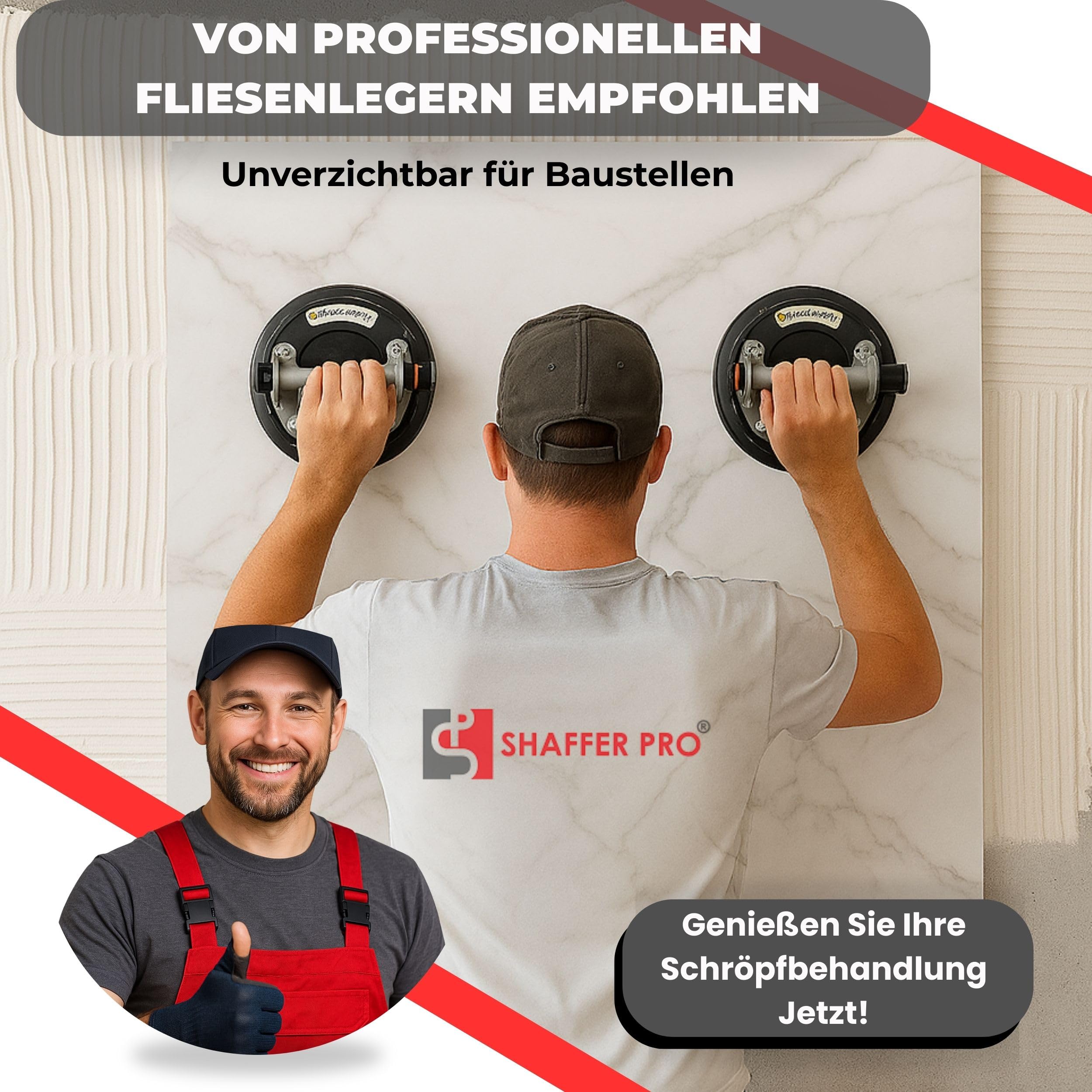 Saugheber Set 2 Stück – Vakuum Glassauger mit Griff – Fliesensaugheber als Hebewerkzeug für Fliesen, Glas, Feinsteinzeug, Granit & Fenster – Tragkraft bis 320 kg
