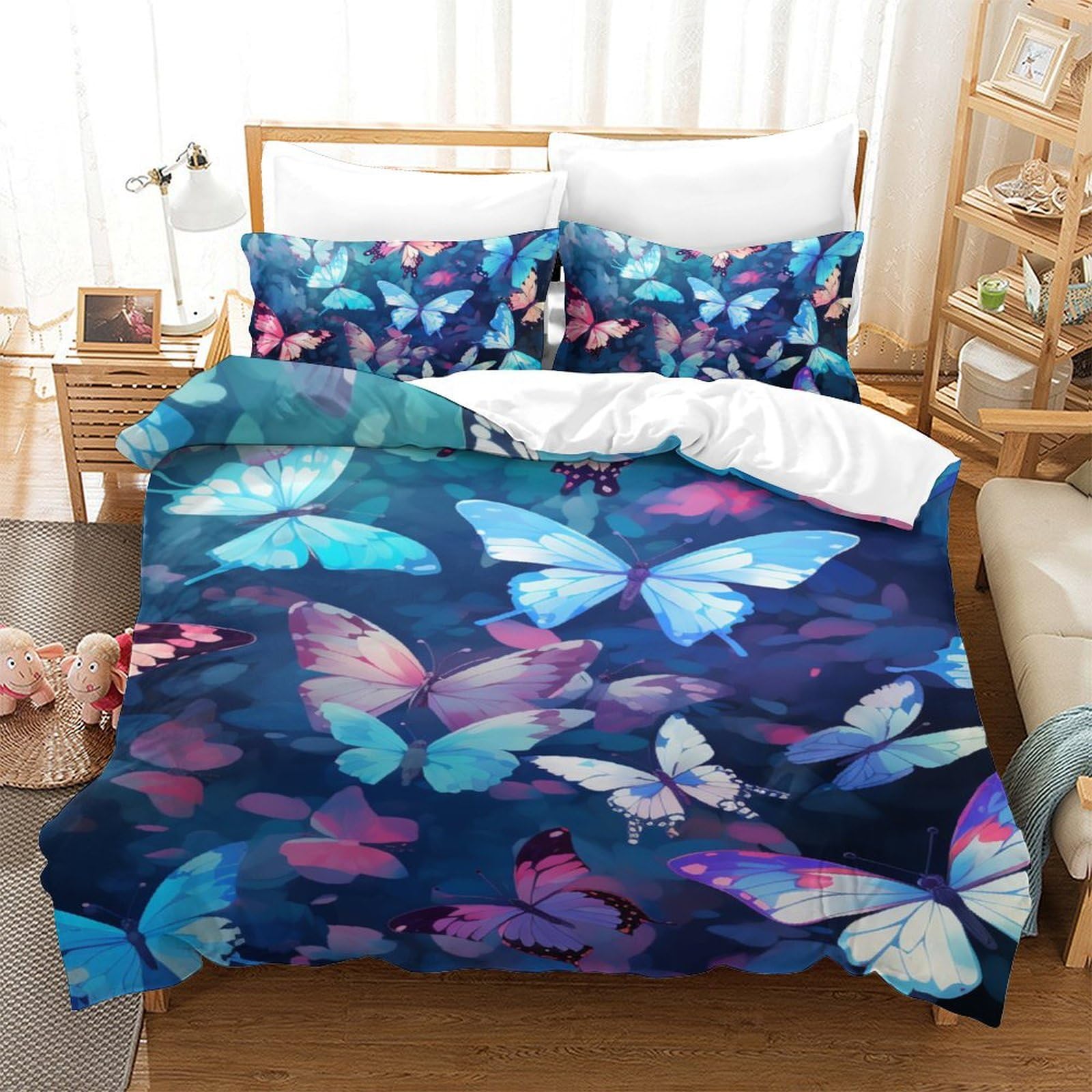 Housse de couette 140x200 papillon 3D lit simple ado fille garçon en microfibre fermeture
