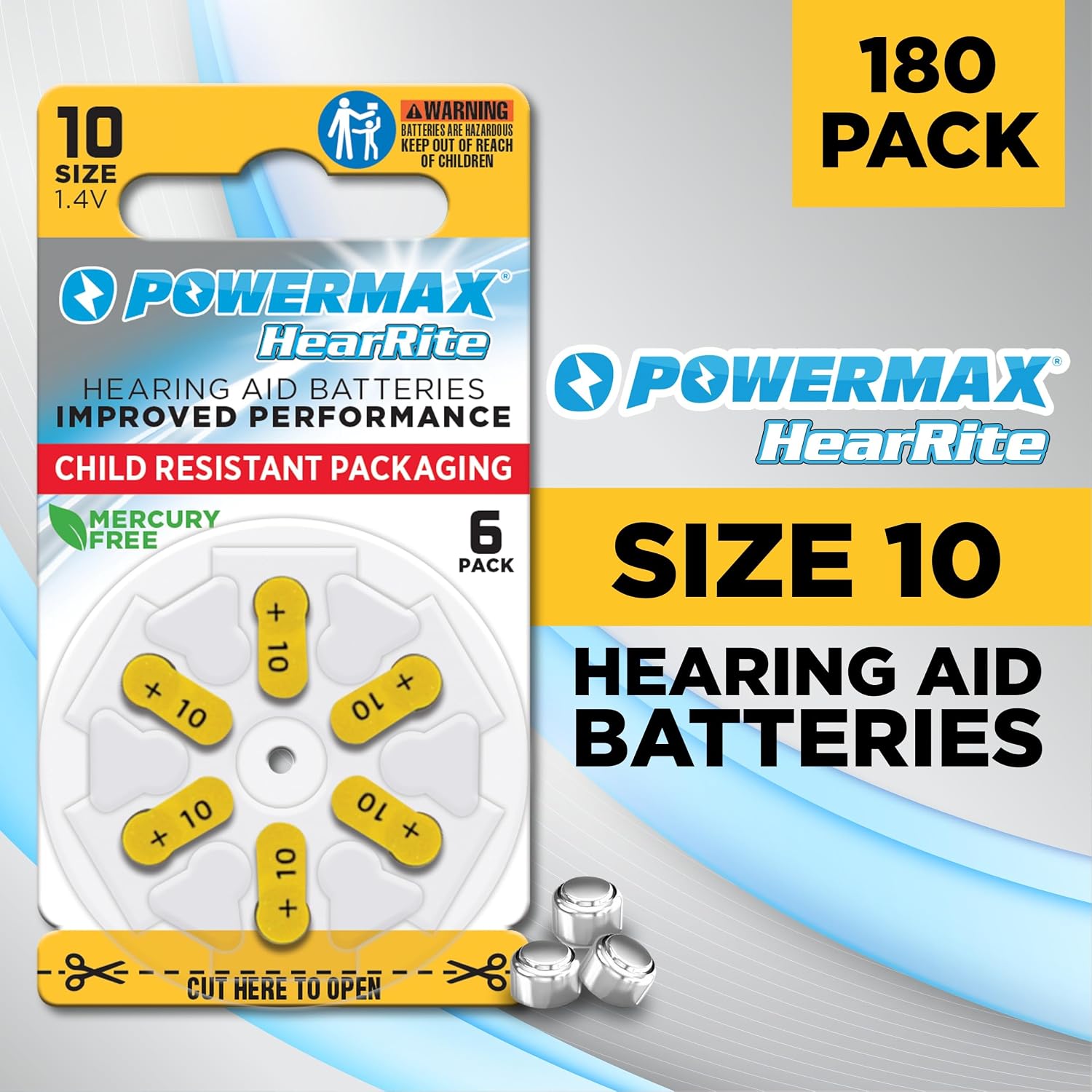 Powermax Size 10 Hearing Aid Batteries, 180 Count Long-Lasting Battery Pack, Yellow Long Tab for Easy Change