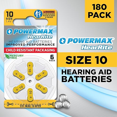 Miniatura 8 de Powermax Baterías para audífonos tamaño 10, paquete de 60 baterías de larga duración, pestaña larga amarilla para un fácil cambio