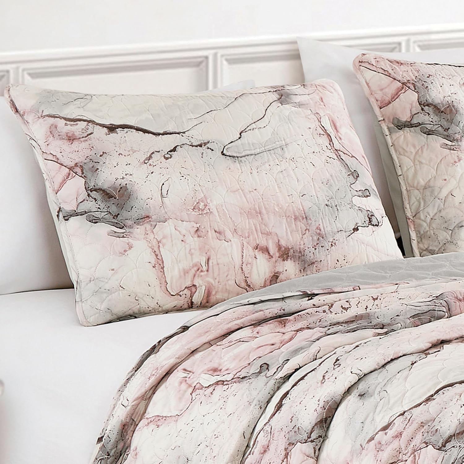 ESCA Pink Marble Bedspread Set Queen Size 3-Piece Marble Pink Quilt