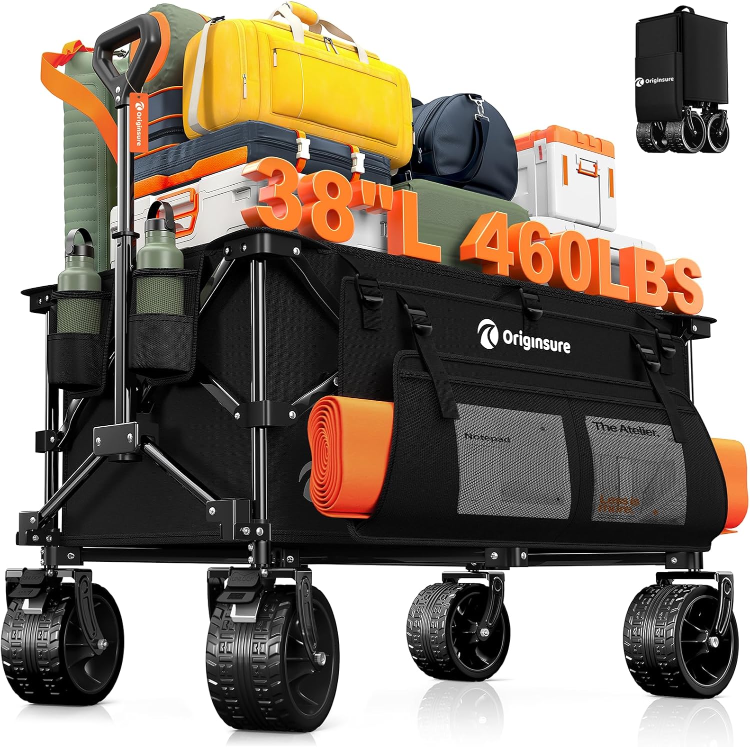 Originsure 38" Heavy Duty Collapsible Wagon Cart: 460lbs Capacity, 220L Storage, All-Terrain Wheels for Beach, Camping, Shopping - Black