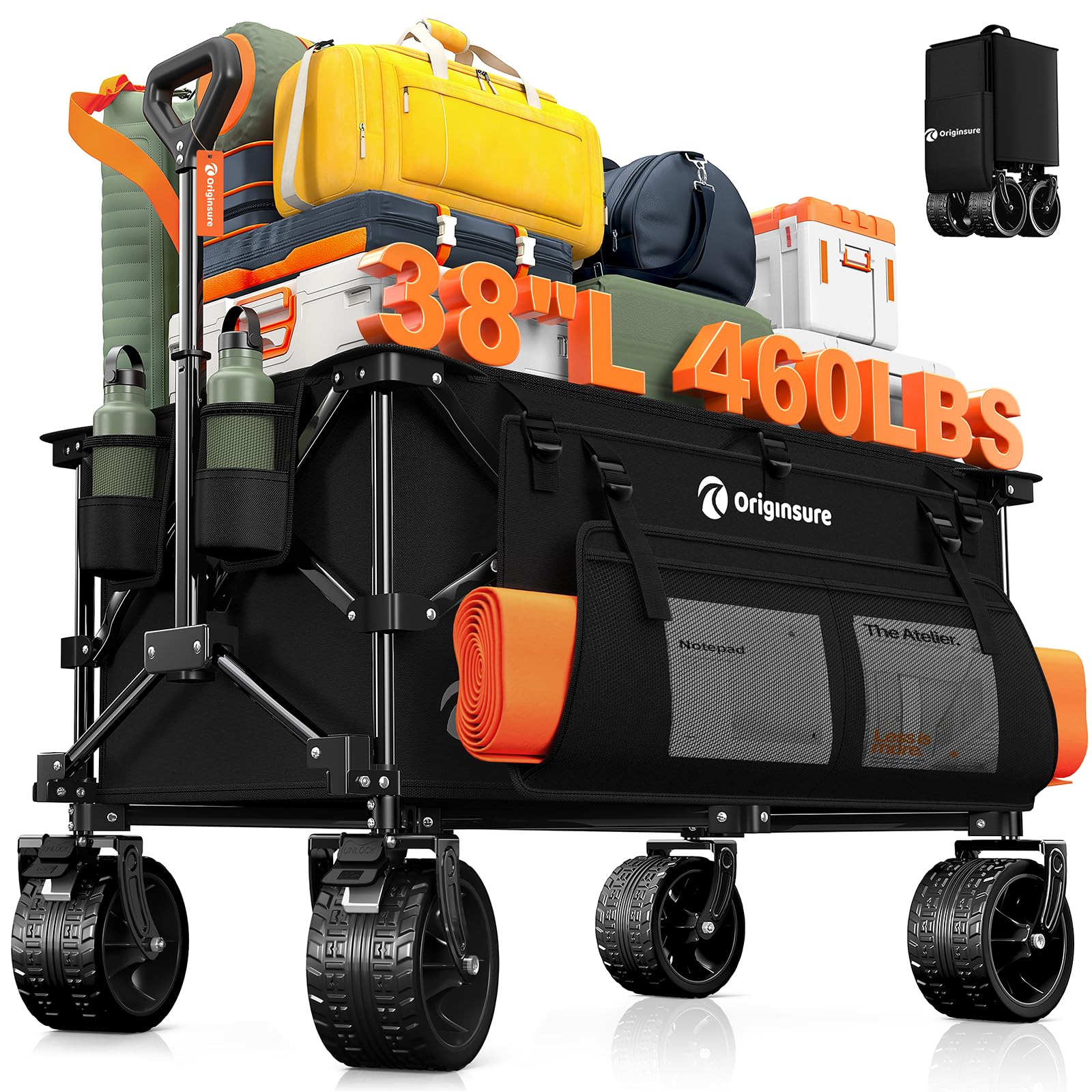 - Originsure 38"L Collapsible Wagon Cart Foldable, 460lbs Weight Capacity 220L Heavy Duty Folding Beach Wagons with Big All-Terrain Wheels, Utility Carts for Groceries, Shopping, Camping, Sports - Black