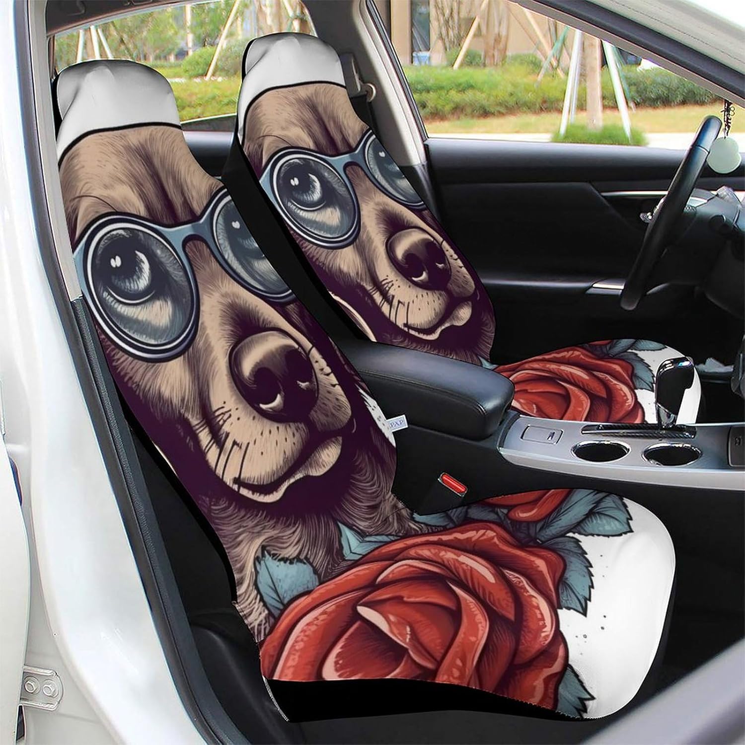 Car Seat Protector Easy to Install Cover Set with Non-Slip Backing Dog Wearing Glasses Car Seat Covers for Most Cars, Vans, Trucks, SUV