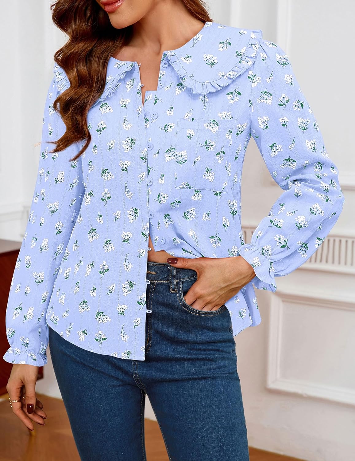 Women Spring Long Sleeve Shirts Peter Pan Collar Button Down Puff Sleeve Blouse Lightweight Casual Cotton Tops - Image 3