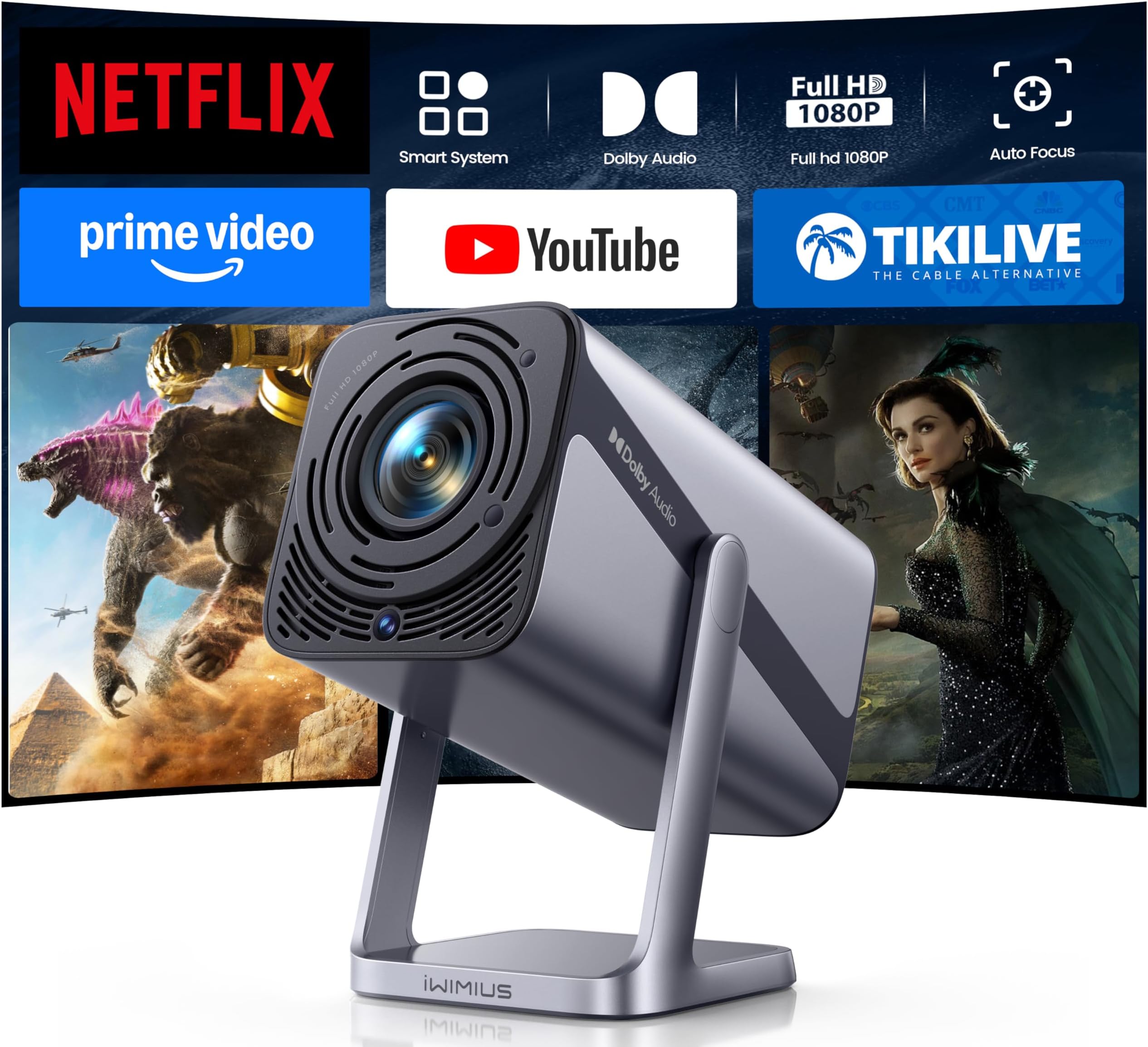 [Built-in Apps & 4K Support & Auto Focus]- Smart Projector with WiFi 6 and 2-Way Bluetooth, Dolby Audio/ Auto Keystone/Zoom,360°Adjustable Stand, iWIMIUS Mini Portable Outdoor Proyector w/ HDMI ARC
