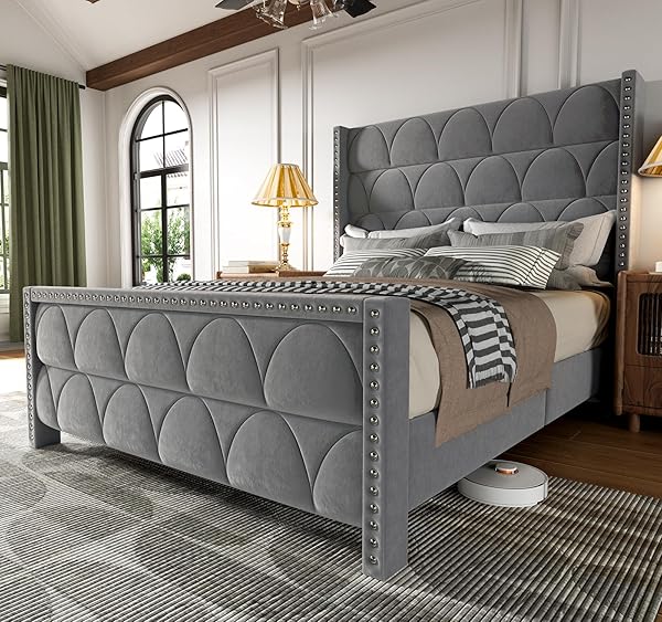 Queen Size Bed Frame with 56" Headboard - 1000LBS Capacity Support, Velvet Upholstered Wingback Platform Bed Frame, Noise Free, Sturdy Wooden Slat Support