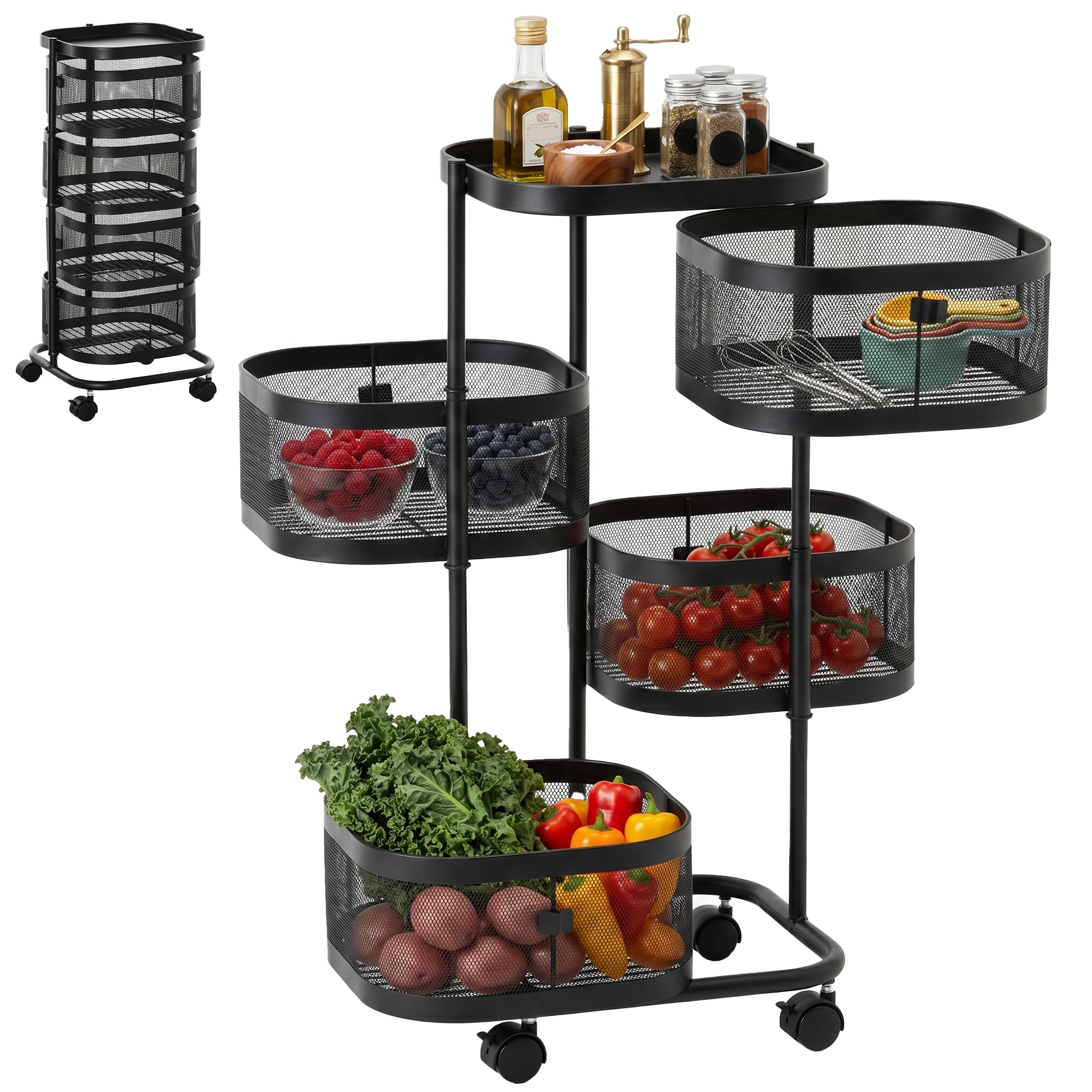 HOMCOM Carrito Auxiliar con Ruedas de 5 Niveles, Carrito de Cocina con 4 Cestas de Almacenamiento Giratorias 270° y Bandeja Superior, para Frutas, Verduras, Utensilios, 33x33x77 cm, Negro