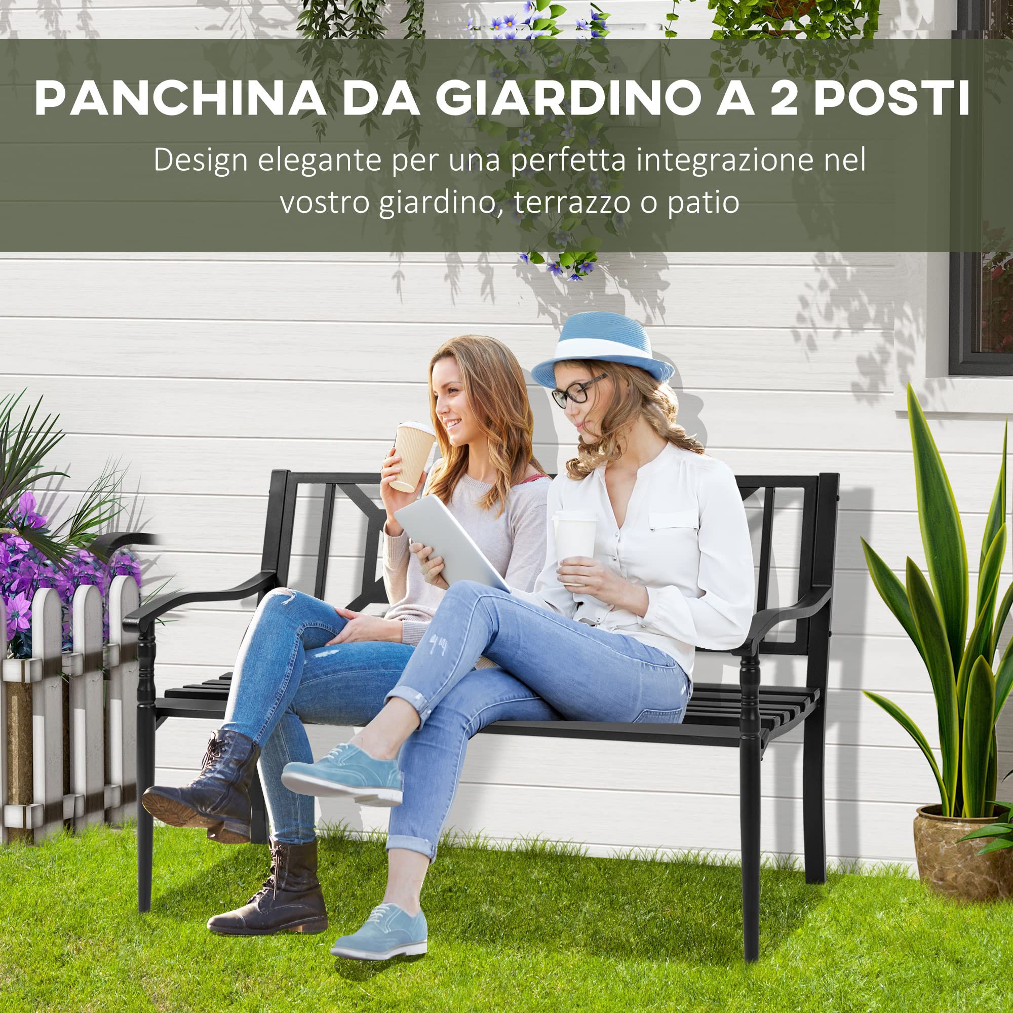 Outsunny Panchina da Esterno in Acciaio, Panchina da Giardino 2 Posti con Schienale Alto e Braccioli, Resistente alla Ruggine, 128x62.5x81.5 cm, Nero