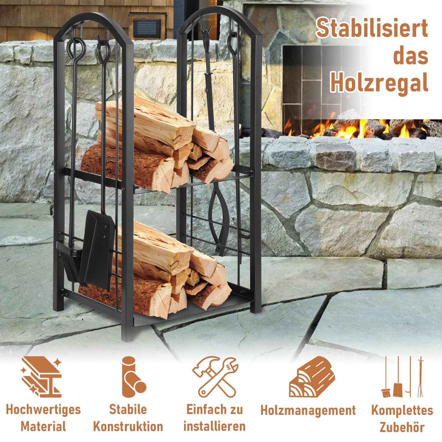 Brennholzregal Mit Kaminzubehör – 74 Cm Hoch, Für Innen & Außen