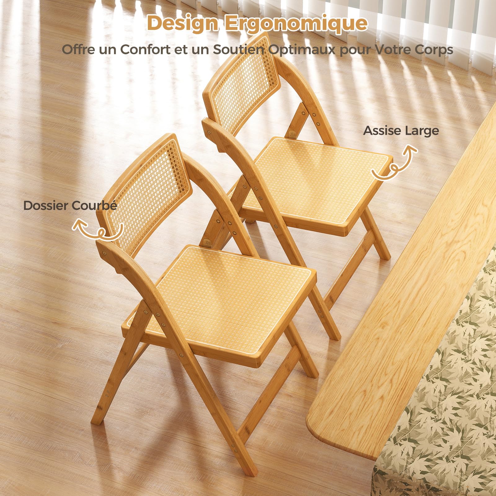 RELAX4LIFE Lot de 2 Chaise Pliante Bois, Chaises Rotin Salle à Manger avec Cadre en Bambou, Dossier Pivotant, Chaise Cannage Pliante, Style Bohème, Aucun Montage, Charge 150 kg, pour Cuisine Salon (1)