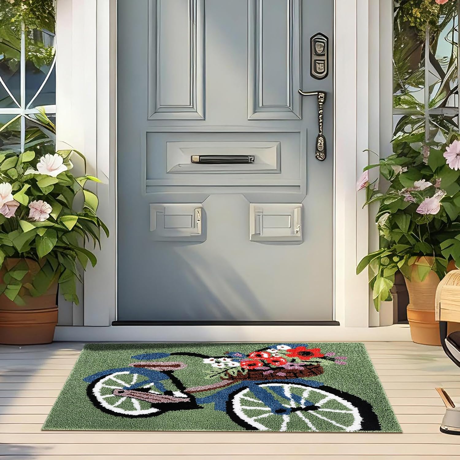 Dunzy Bicycle Flower Front Door Mat Indoor Outdoor Entrance 36"x24" Welcome Bike Door Mat with Heavy Duty Backing Spring Flower Welcome Mats for Entryway, Bathroom Rug Porch Doormats Anti-Slip