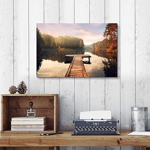 Miniatura 4 de Inpraradiso Lienzo de la naturaleza Decoración de la pared lago muelle paisaje imagen bosque árbol pintura panorámica escena de otoño impresión obra
