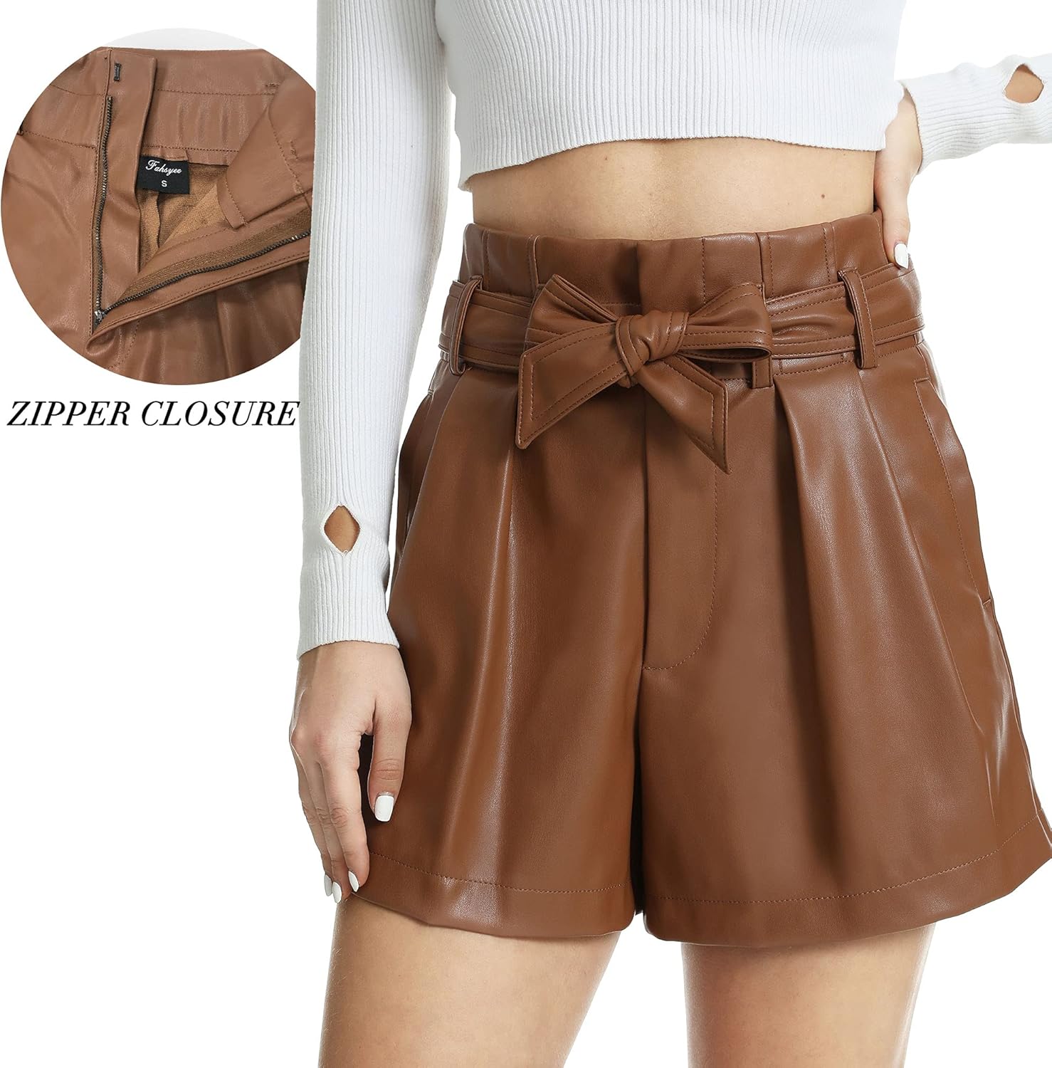 Fahsyee Black Faux Leather Shorts Women High Waisted Casual Wide Leg Size S-XXL - Image 3