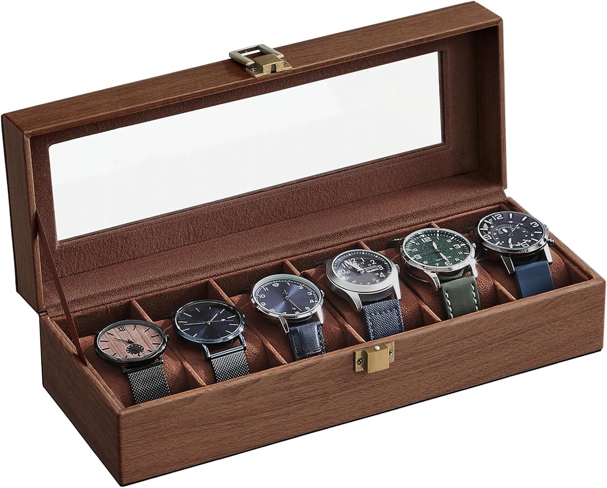 SONGMICS Watch Box with 6 Slots, Watch Box, Glass Lid, Removable Pads, Metal Lock, Brown Coating and Brown Lining JWB006K01