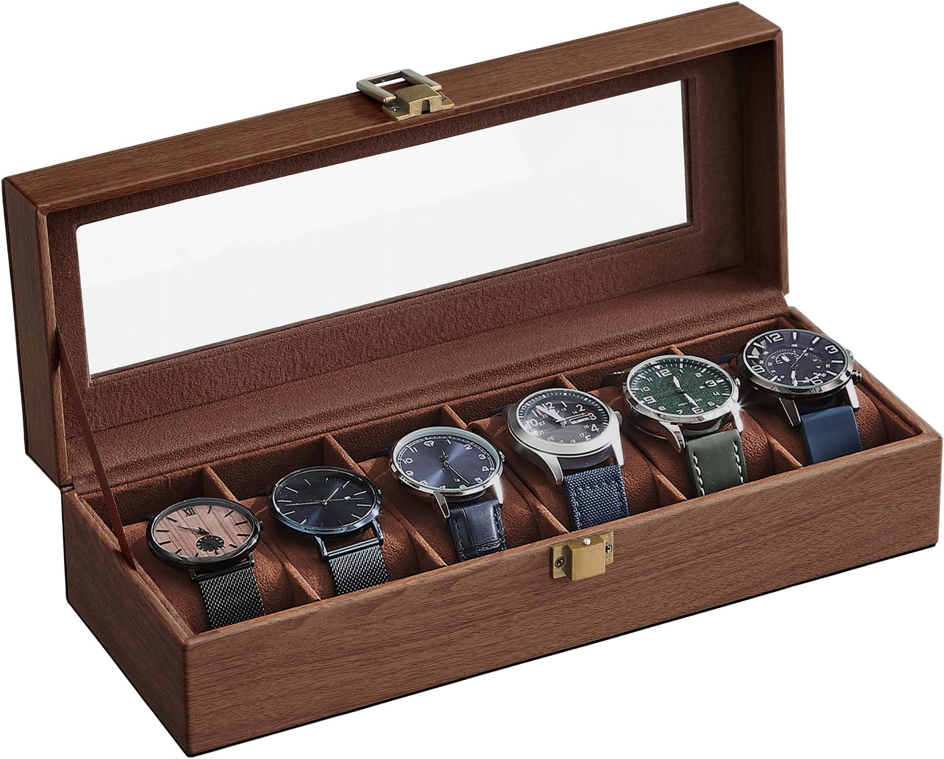SONGMICS Watch Box with 6 Slots, Watch Box, Glass Lid, Removable Pads, Metal Lock, Brown Coating and Brown Lining JWB006K01