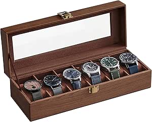 SONGMICS Watch Box with 6 Slots, Watch Box, Glass Lid, Removable Pads, Metal Lock, Brown Coating and Brown Lining JWB006K01