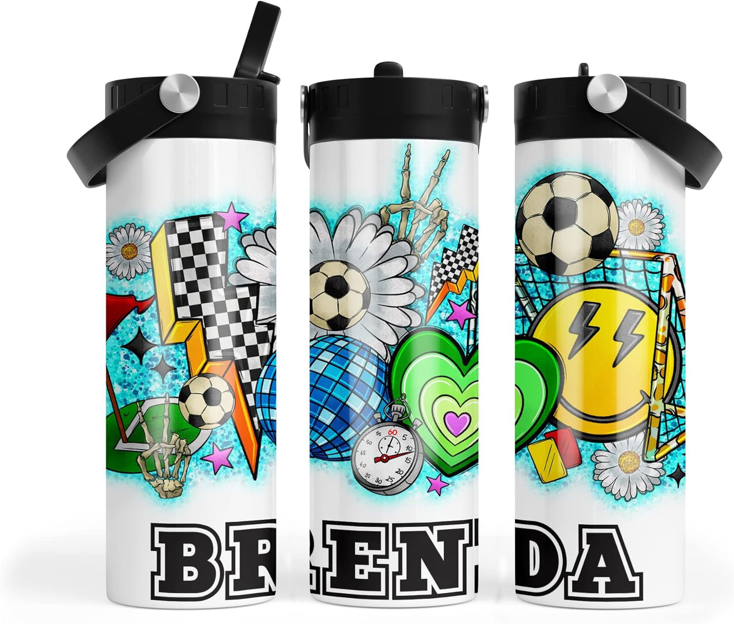 Personalized Custom Name Soccer Water Bottle with Pop Top Dual Lids for Girls - Perfect Back to School, Travel, Camping, Party Essential & Unique Gift Present