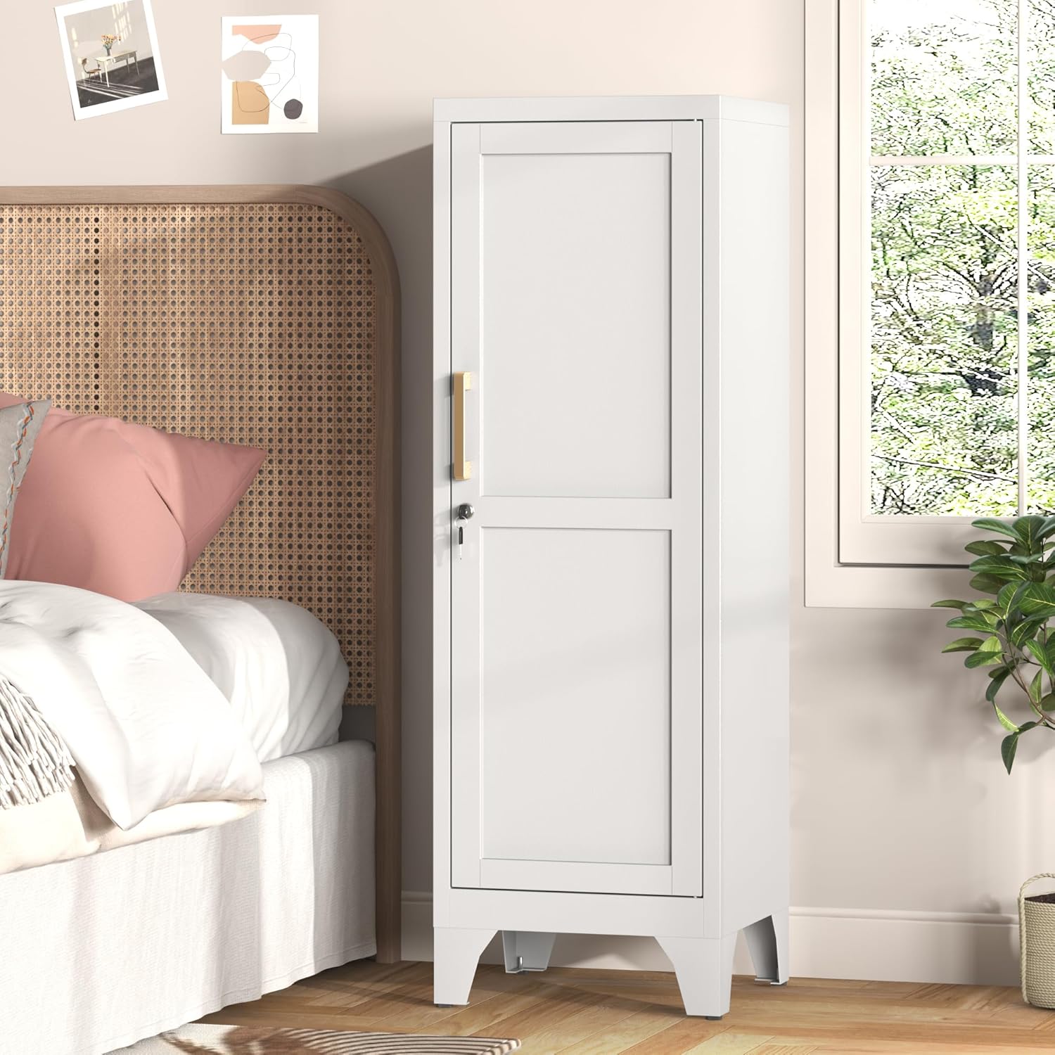 46" H Metal Locker Storage Cabinet, Small Locker with Door and 2 Adjustable Shelf, Small Storage Cabinet with Adjustable Leveling Feet for Home, Bedroom, Office,Gym Assembly Required (46“ H White)