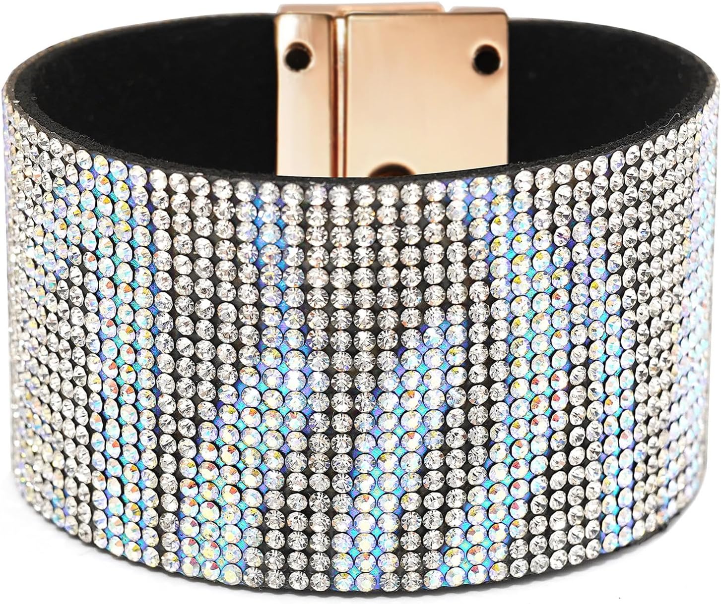 Wovanoo Leather Cuff Bracelet for Women Rhinestone Wide Edge Bracelet Leather Wrap Bangle Bracelet