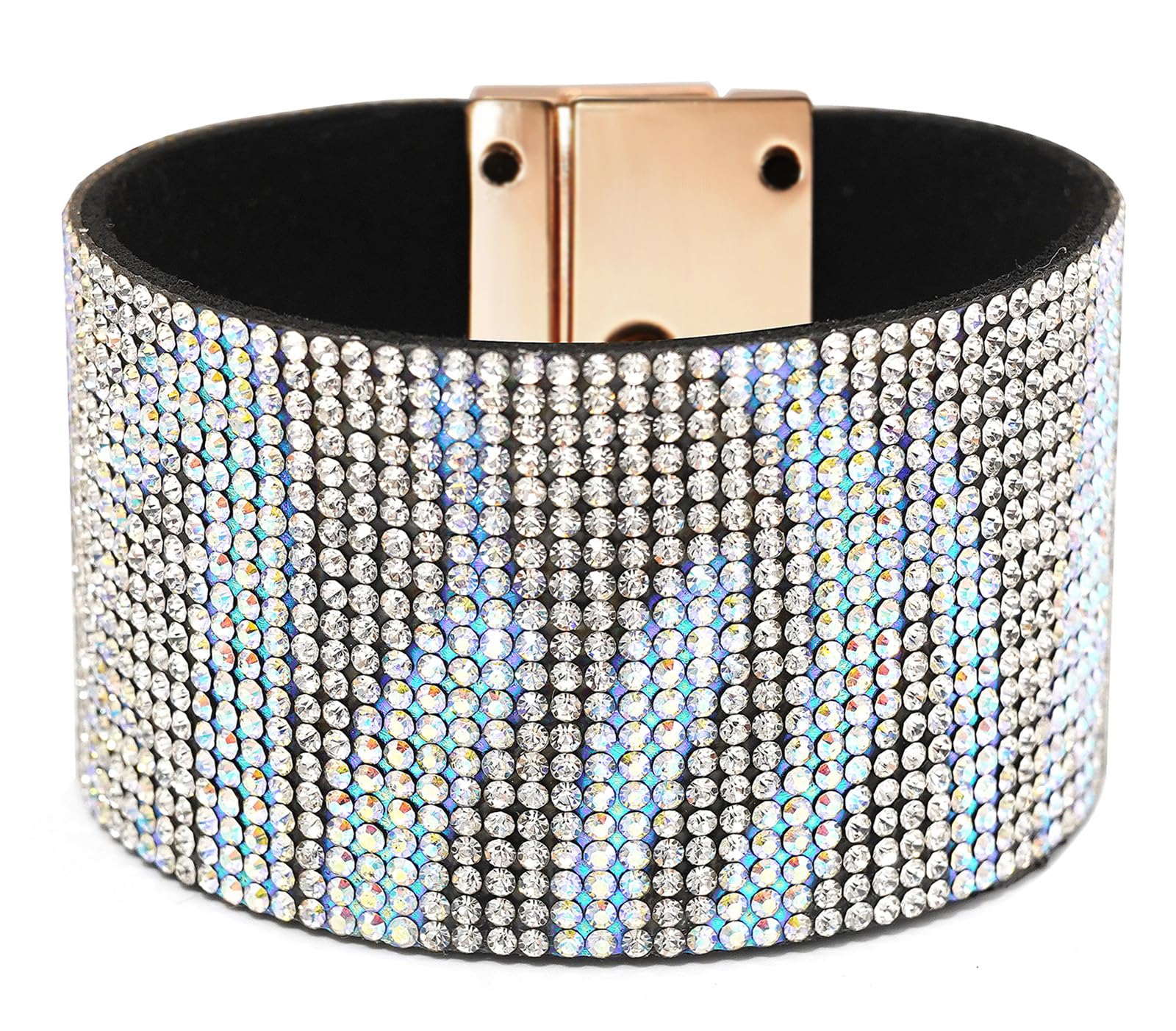 Wovanoo Leather Cuff Bracelet for Women Rhinestone Wide Edge Bracelet Leather Wrap Bangle Bracelet
