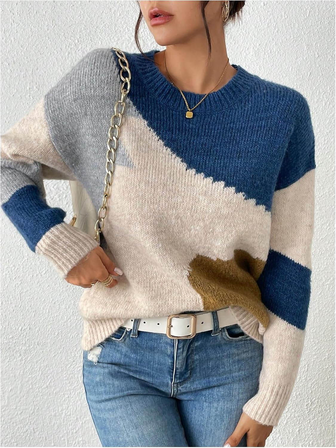 Verdusa Women's Color Block Cozy Sweaters Long Sleeve Crew Neck Knit Pullovers Fall Tops - Image 3