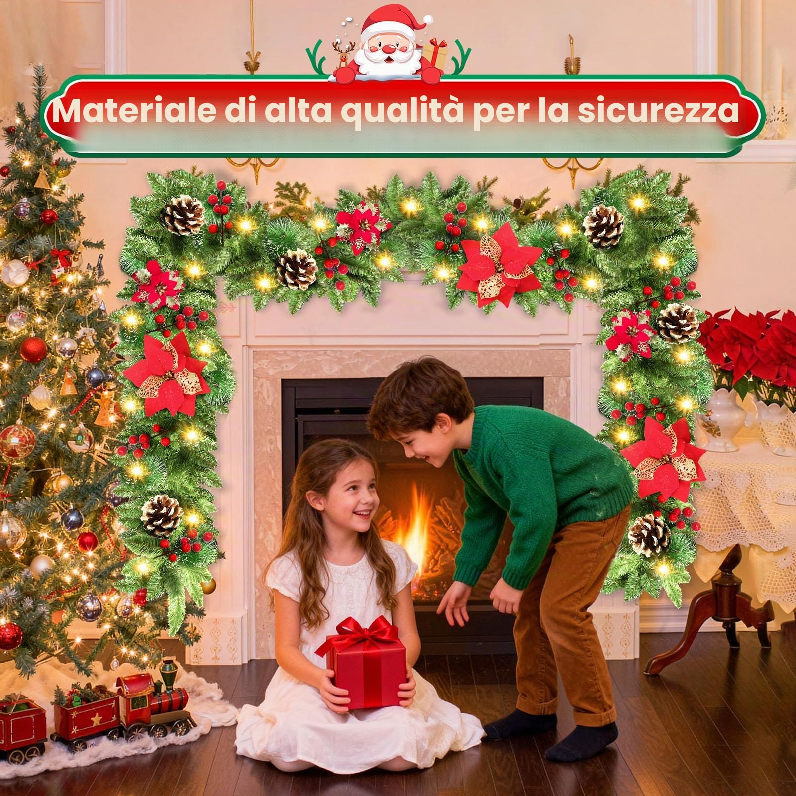 JTSIOV Ghirlanda Natalizia, 2,7 Metri con 30 LED, a Batteria, Impermeabile IP65, con Timer, per Interni ed Esterni, Ideale per Scale, Caminetto e Porta d'Ingresso