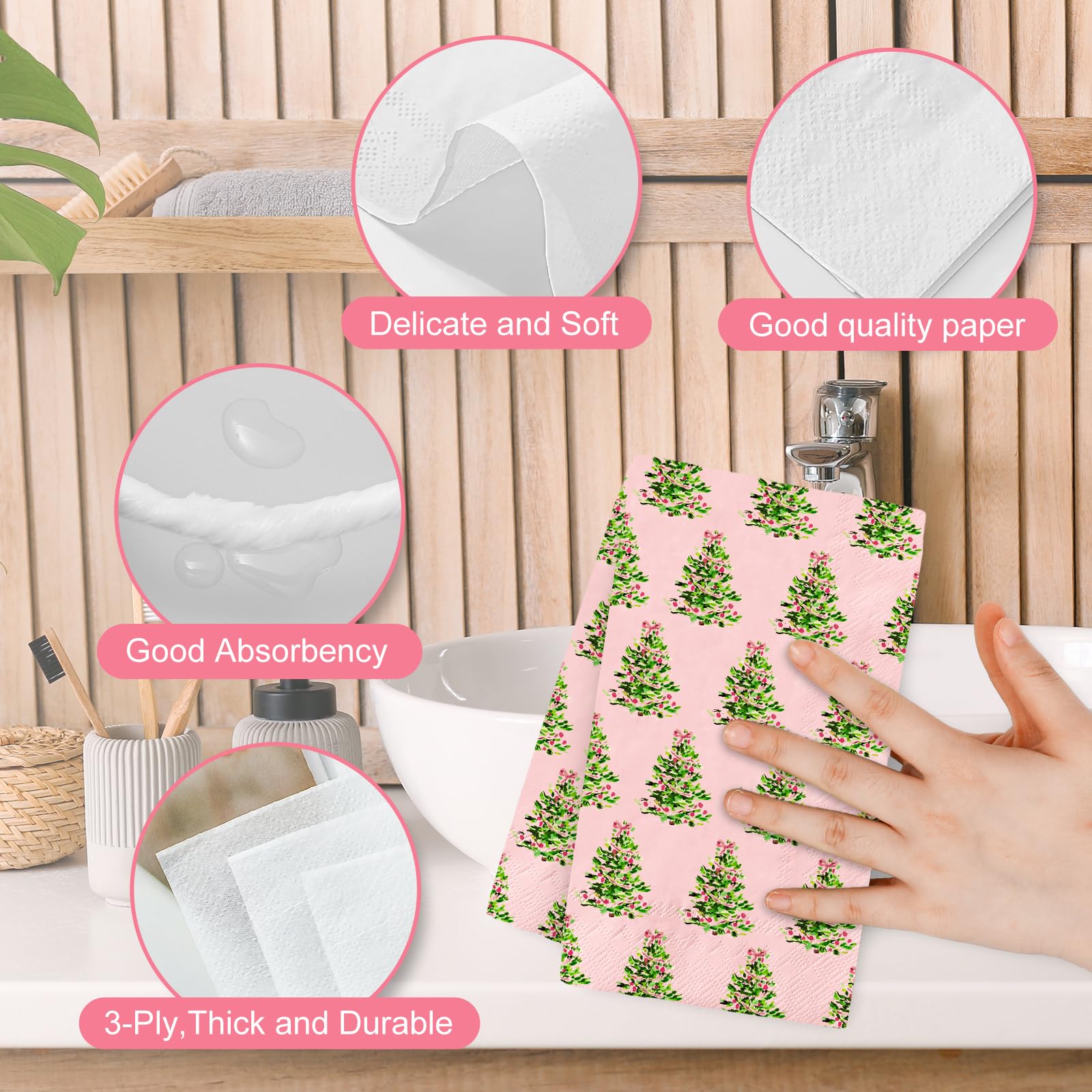 JarThenaAMCS 100 tovaglioli di carta per ospiti di Natale, colore rosa, verde, con albero di Natale, usa e getta, per la cena, per il bagno, le vacanze, le feste, la tavola