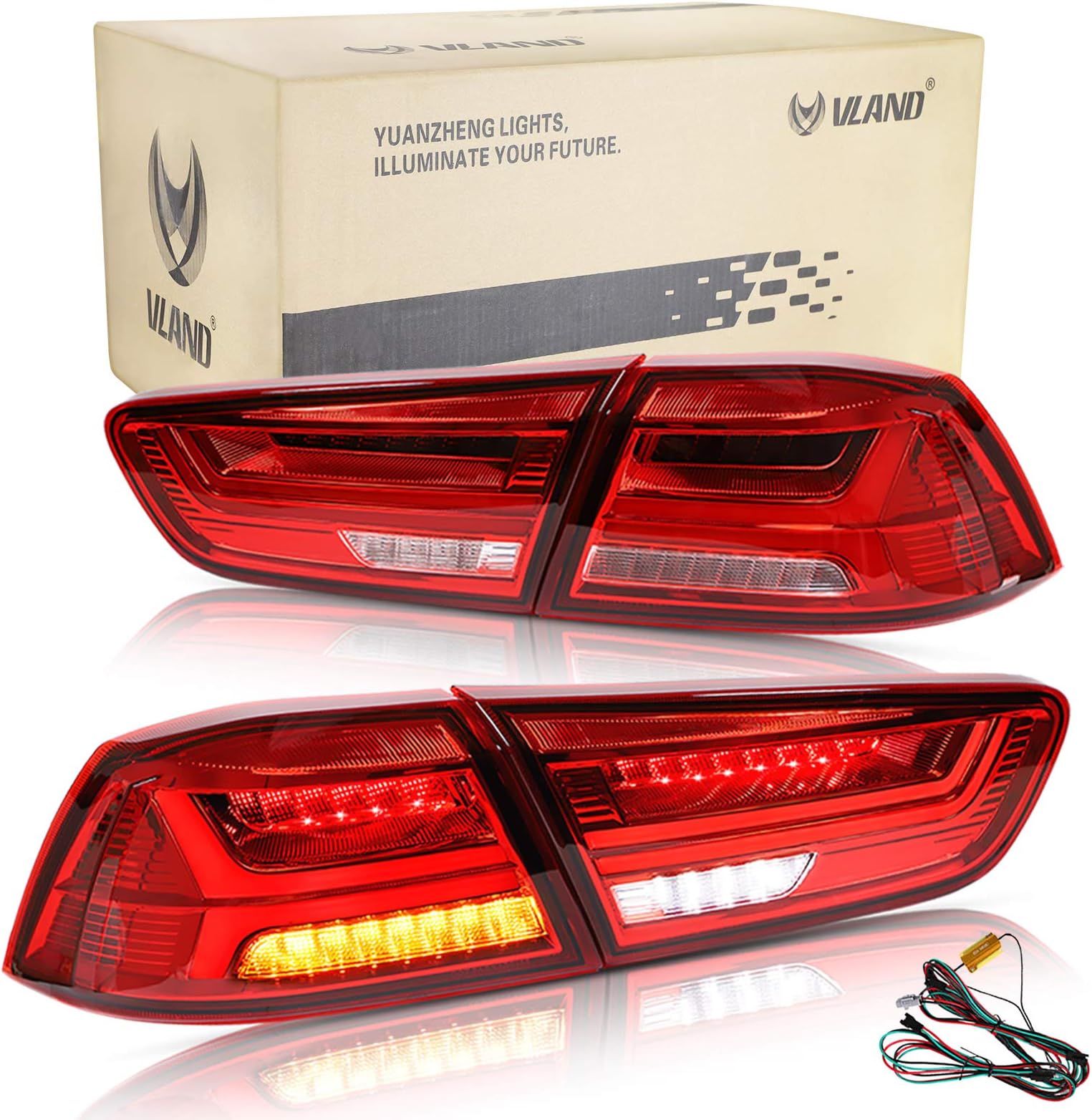 VLAND LED DRL Headlights Rear Light for Lancer EVO X 2008-2018 Tail Lights Front Lamp Assembly with Sequential RHD(Driver is on the right) (Red Rear Lights)