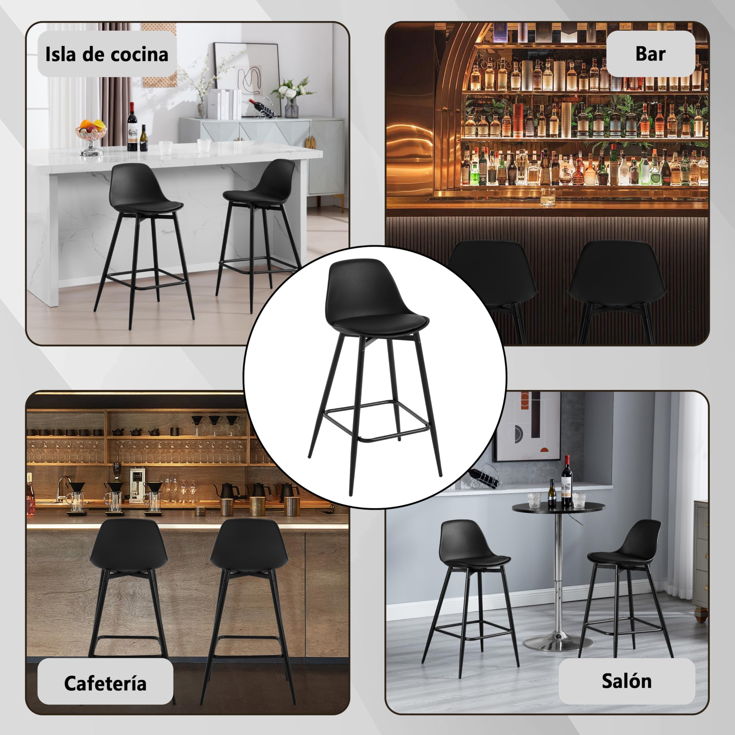 Taburete Bar con Respaldo Asiento en PP, Negro | para Comedor, Salón y Cafetería