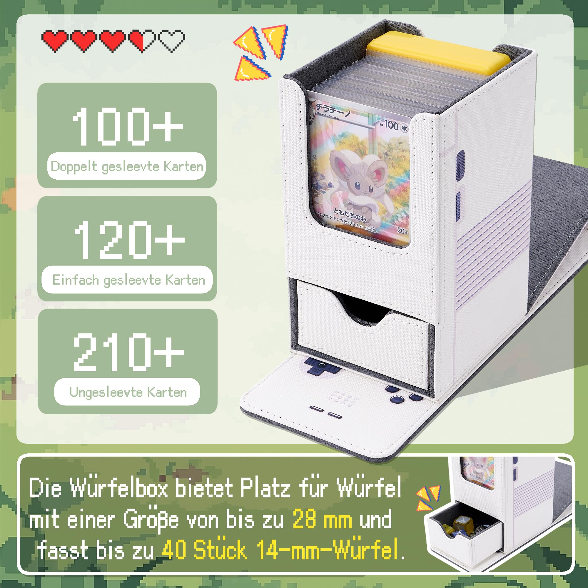 MTG Deckbox mit Würfelfach & Commander-Anzeige, Retro Konsole Kartenbox für 120 einfach gesleevte Karten, Sammelkarten Aufbewahrungsbox aus PU-Leder mit 2 Trennwänden, kompatibel TCG/PTCG (Lila)