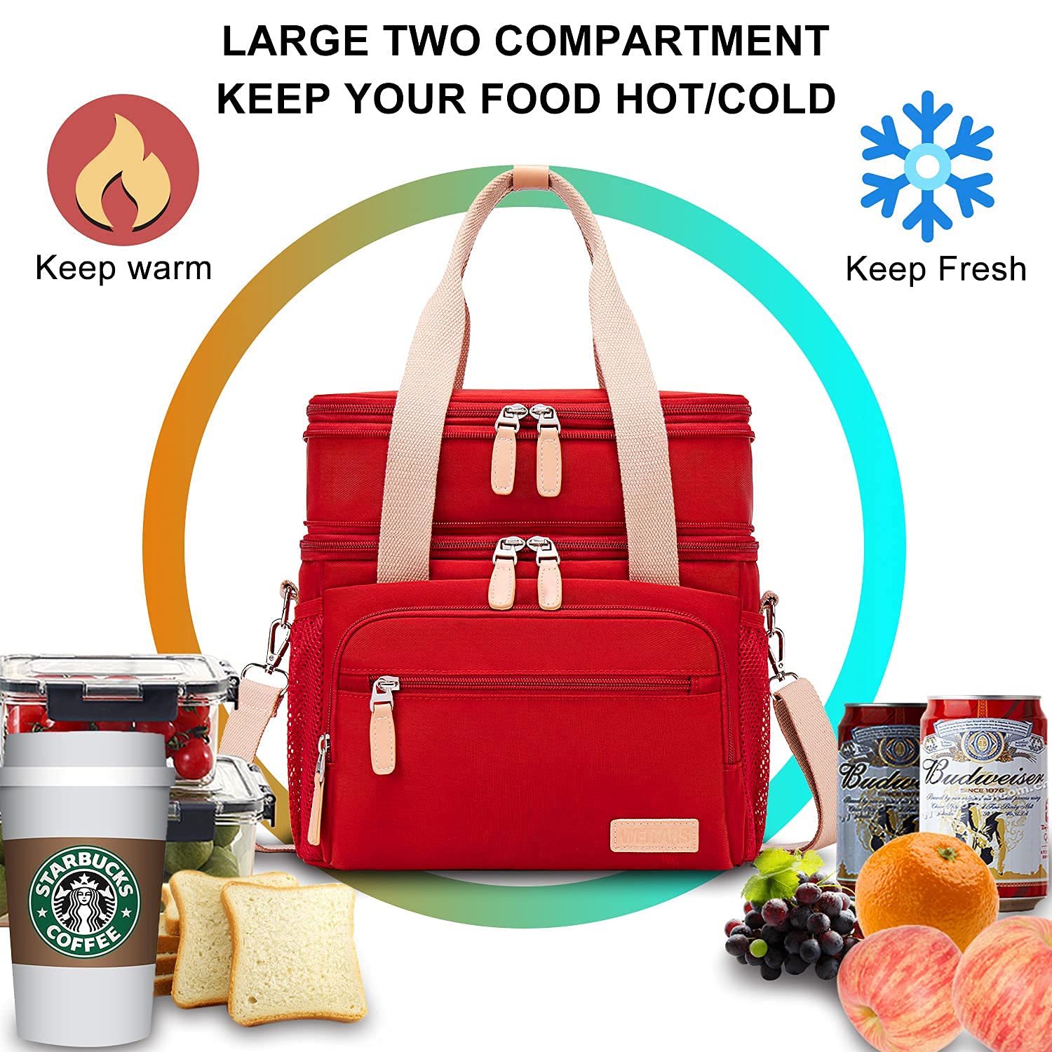 Weitars Fiambrera aislada para mujeres y hombres doble compartimento impermeable reutilizable grande bolsa de almuerzo para niñas y niños bolsa de nevera para trabajo picnic senderismo (15 L) (rojo)