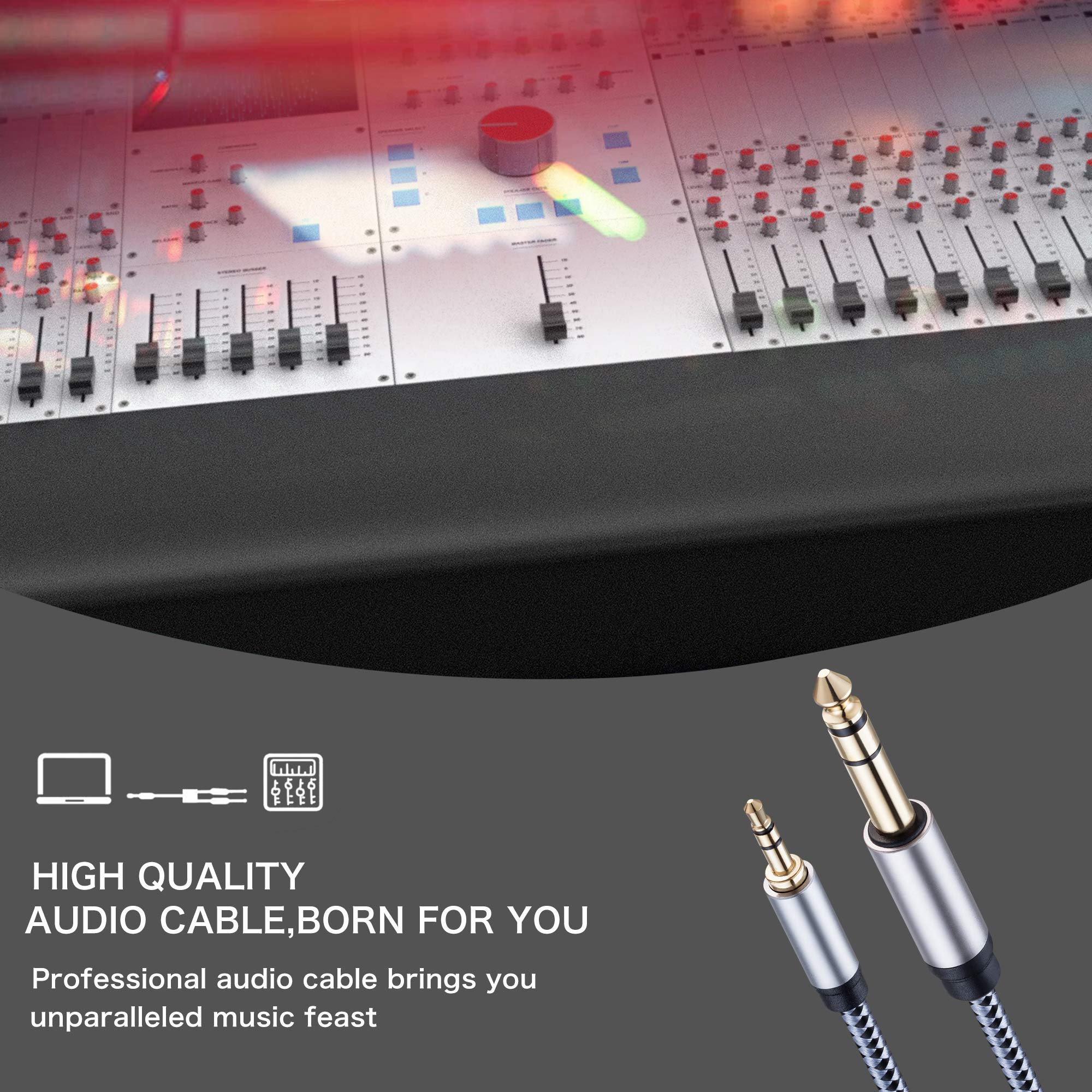 3.5mm to 6.35mm Stereo Audio Cable 6Ft, Gold-Plated Terminal Silver Color Zinc Alloy Housing 3.5mm 1/8" Male TRS to 6.35mm 1/4" Male TRS Nylon Braided Stereo Audio Cable for iPhone, Amplifiers (6Ft)