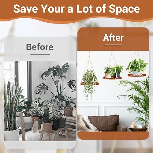 Miniatura 6 de Paquete de 2 macetas colgantes, estante colgante para plantas con cuentas de madera y bandeja de madera para interiores y exteriores, decoración