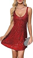 Women's Glitter Sequin Dress Spaghetti Strap V Neck Party Cocktail Sparkly Mini Dress Clubwear
