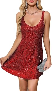 Women's Glitter Sequin Dress Spaghetti Strap V Neck Party Cocktail Sparkly Mini Dress Clubwear