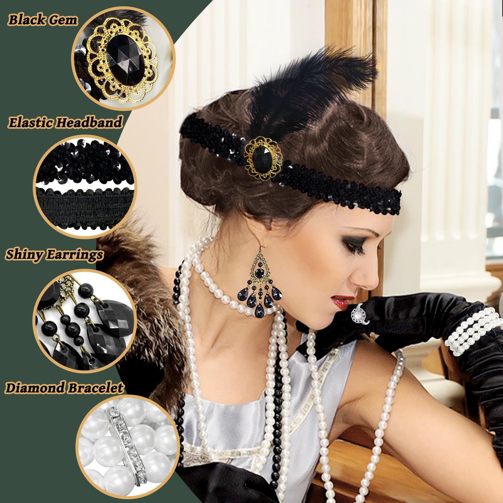 9 Stück 20er Jahre Kostüm Accessoire, 1920er Gatsby Kostüm Damen Charleston Flapper Kleid mit Schal Federstirnband Handschuhen Perlenkette Ohrringen Spitzenfächer Armband Vintage Karneval Party