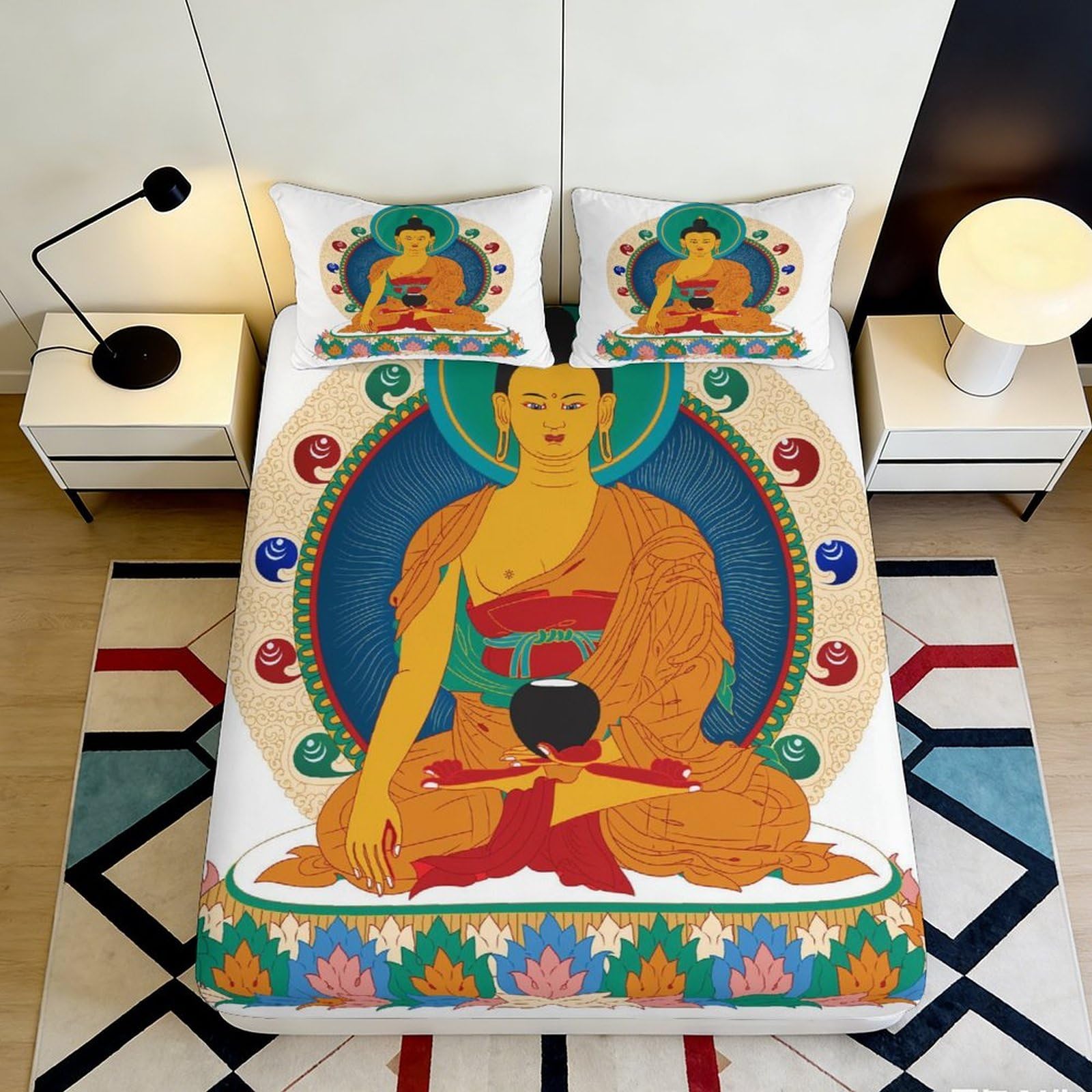 3D Printed Buddha Art Fitted Sheet Microfiber Orange Blue Decorative Mandala Mattress Cover for Bedroom Dorm Easy Care 90x200x25cm